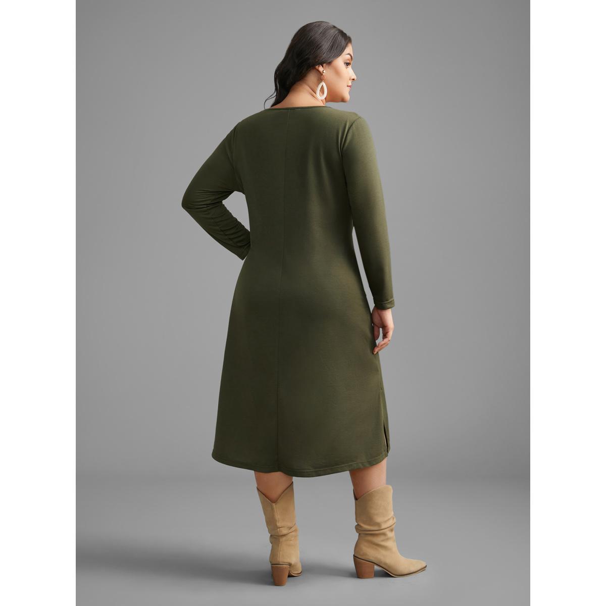 Plus Size Textured Patchwork Button Detail Midi Dress Sage Women Casual Texture Round Neck Long Sleeve Curvy BloomChic 30/6X Product Image