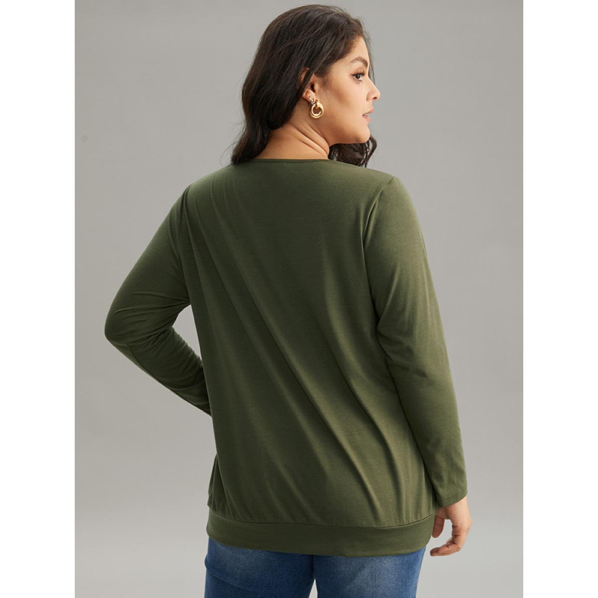 Plus Size Plain Cut Out Round Neck Knit T-shirt ArmyGreen Women Elegant Cut-Out Plain Round Neck Dailywear T-shirts BloomChic 18-20/2X Product Image