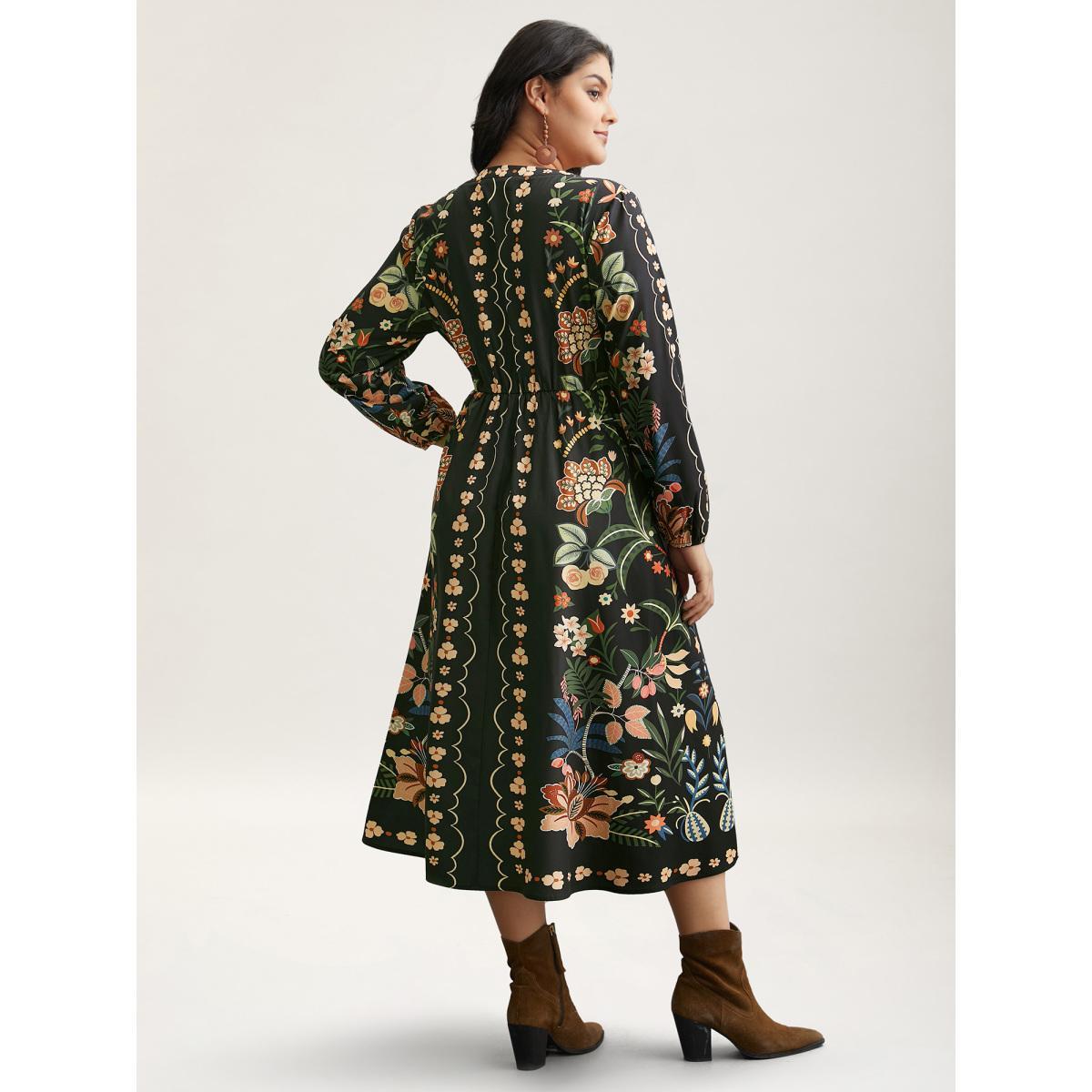 Plus Size Floral Print Notched Collar Elastic Waist Dress Black Women Resort Non Flat collar with V-notch Long Sleeve Curvy BloomChic 30/6X Product Image