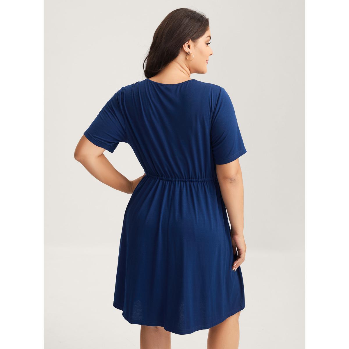 Plus Size Supersoft Cord Embroidered Drawstring Midi Dress DarkBlue Women Round Neck Short sleeve Curvy BloomChic 10/M Product Image