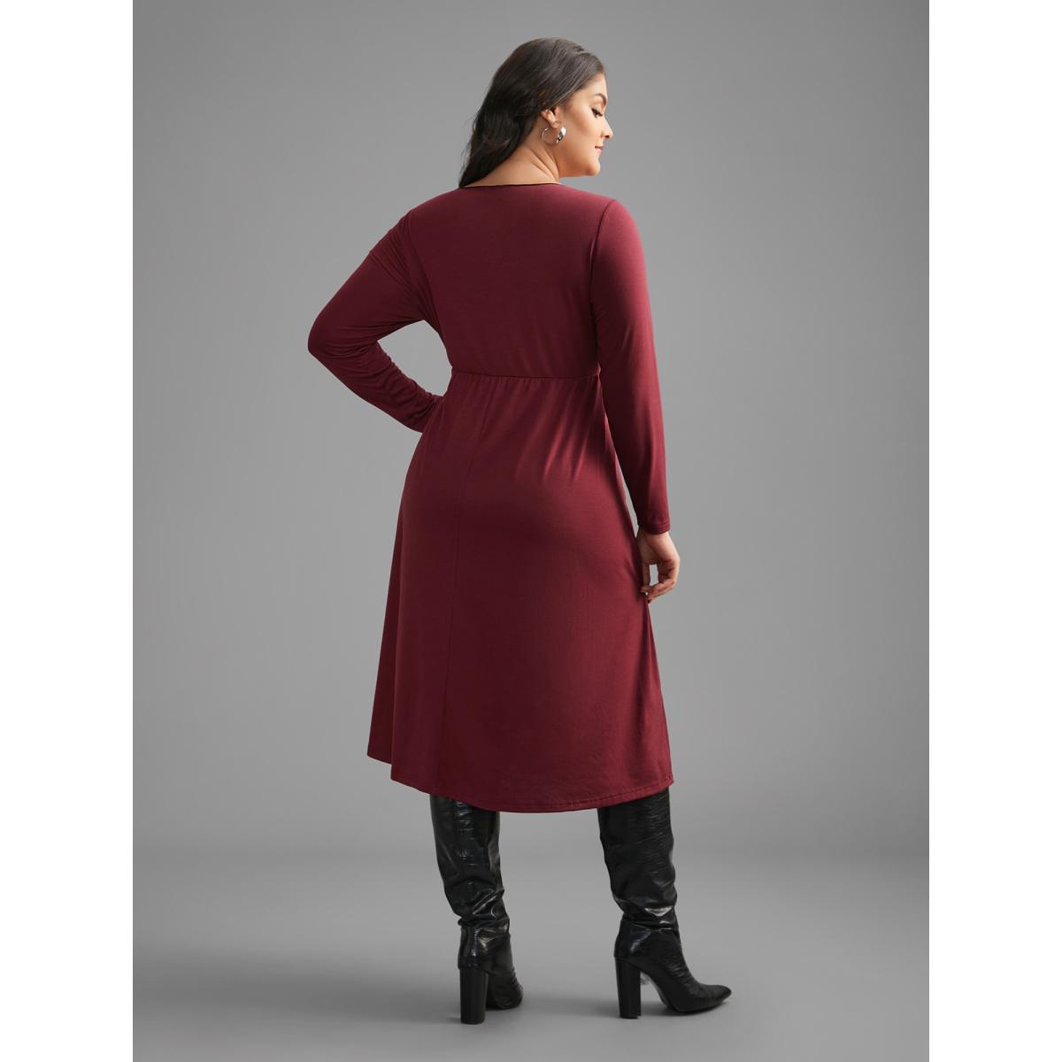 Plus Size Square Neck Lace Panel Lace Up Dress Burgundy Women Elegant Woven ribbon&lace trim Square Neck Long Sleeve Curvy BloomChic 18-20/2X Product Image