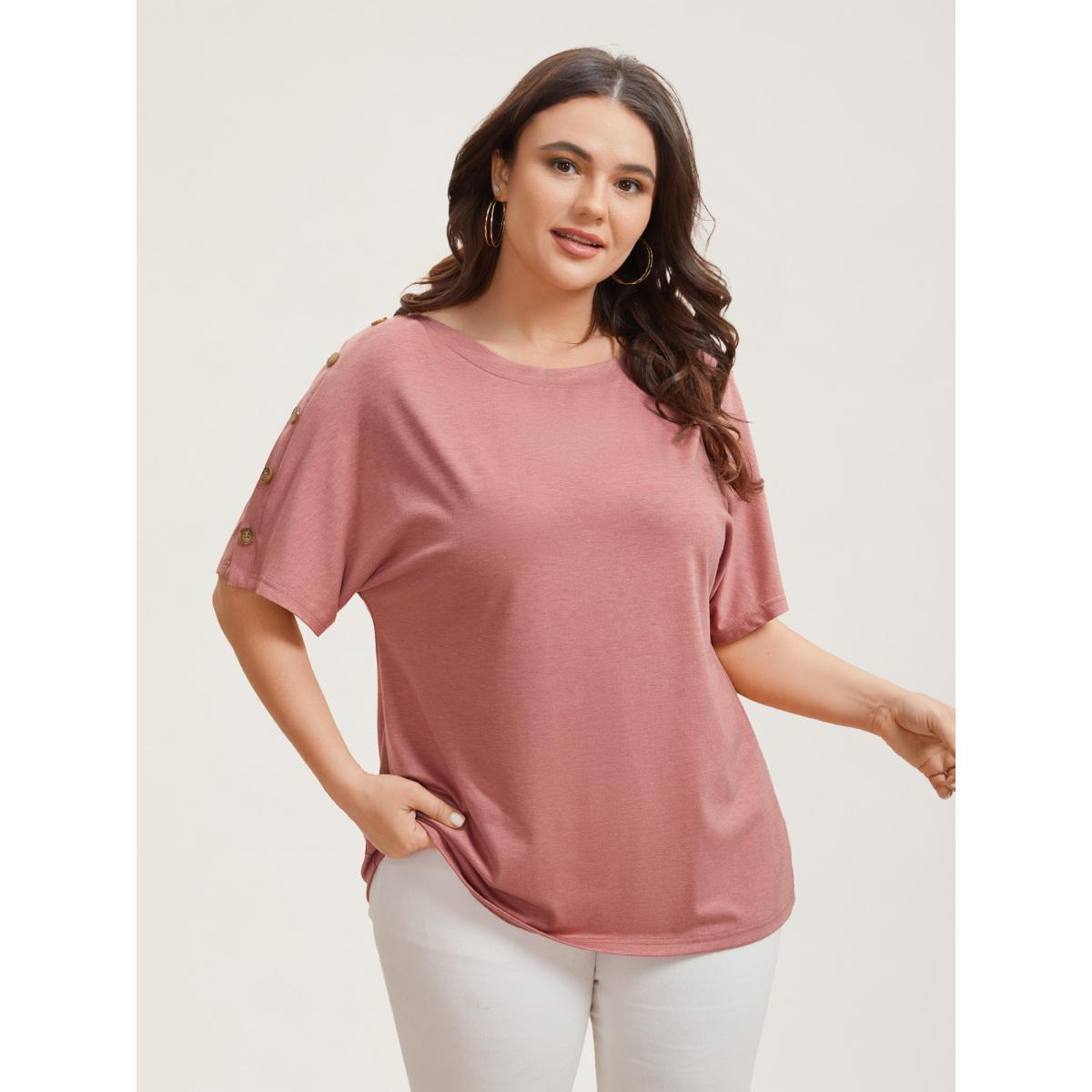 Plus Size Decorative Buttons Half-Sleeve Plain T-Shirt Rouge Women Casual Button Boat Neck Everyday T-shirts BloomChic 18-20/2X Product Image