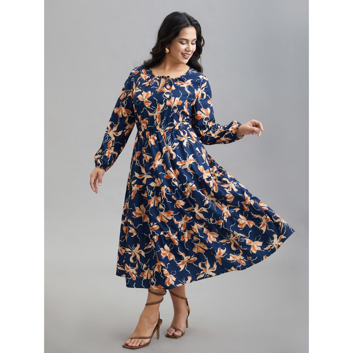Plus Size Tropical Flower Print Pockets Waist-Tie Midi Dress Navy Women Elegant Tie knot Round Neck Long Sleeve Curvy BloomChic 12/L Product Image