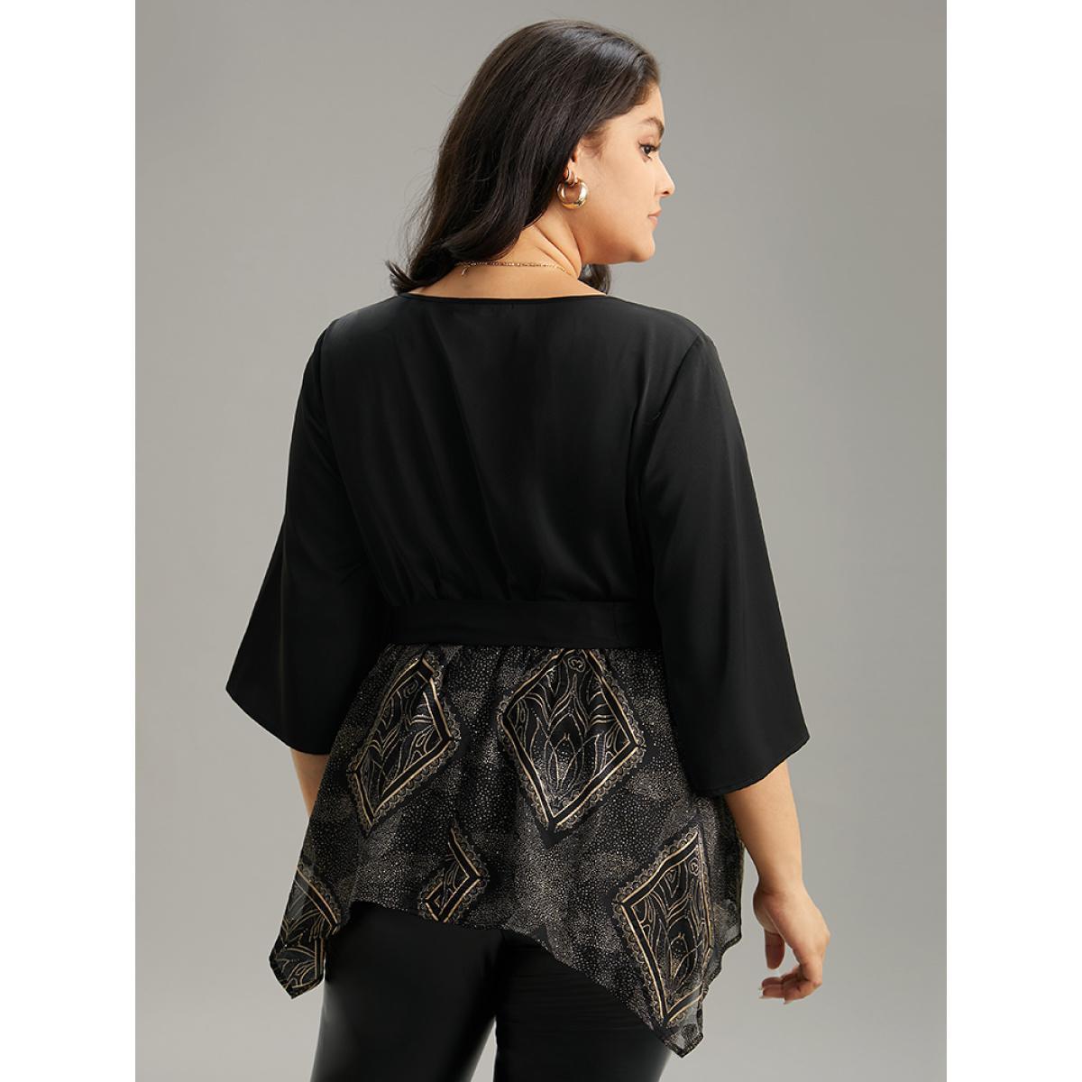 Plus Size Black Boho Print Chiffon Belted Patchwork Hanky Hem Blouse Women Glamour Elbow-length sleeve V-neck Going out Blouses BloomChic 28/5X Product Image