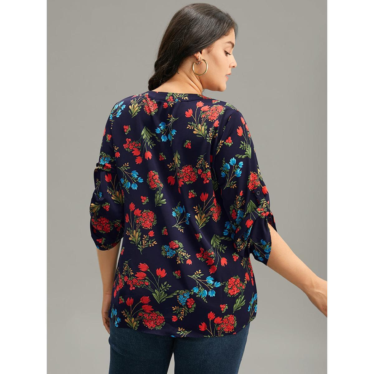 Plus Size Indigo Floral Print Notched Tab Sleeve Blouse Women Elegant Long Sleeve V-neck Dailywear Blouses BloomChic 30/6X Product Image