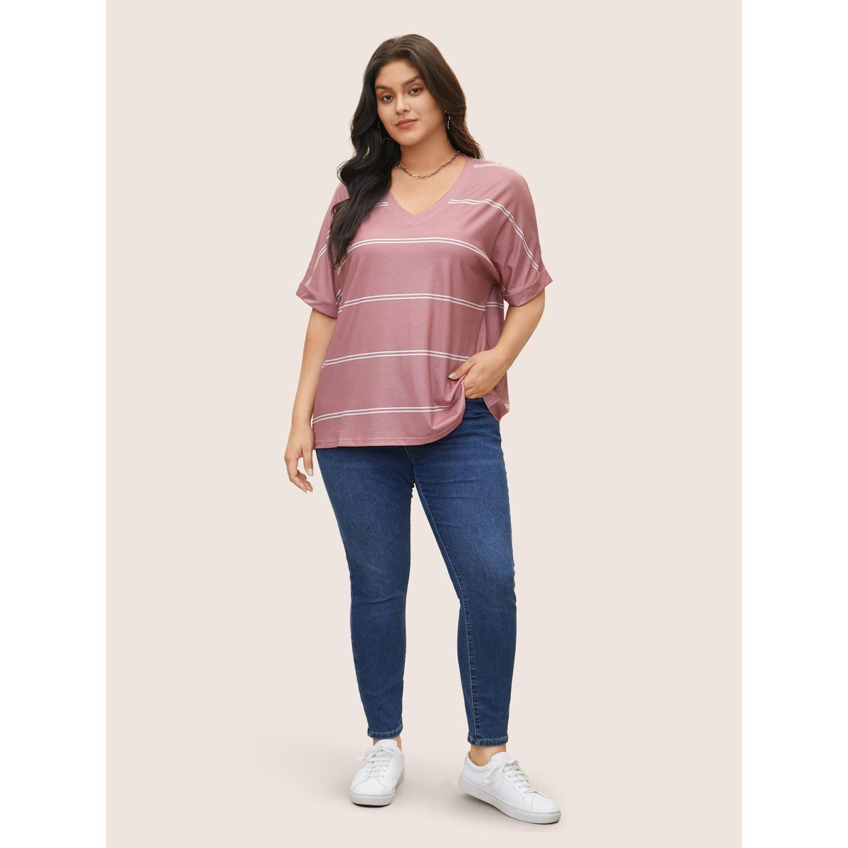 Plus Size Striped Contrast Dolman Sleeve T-shirt Crepe Women Casual Striped V-neck Everyday T-shirts BloomChic 14-16/1X Product Image