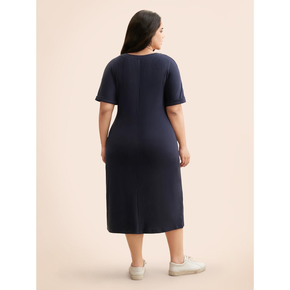 Plus Size Supersoft Essentials Notched Neck Midi Dress Midnight Women Basics Texture Flat collar with V-notch Short sleeve Curvy BloomChic 14-16/1X Product Image