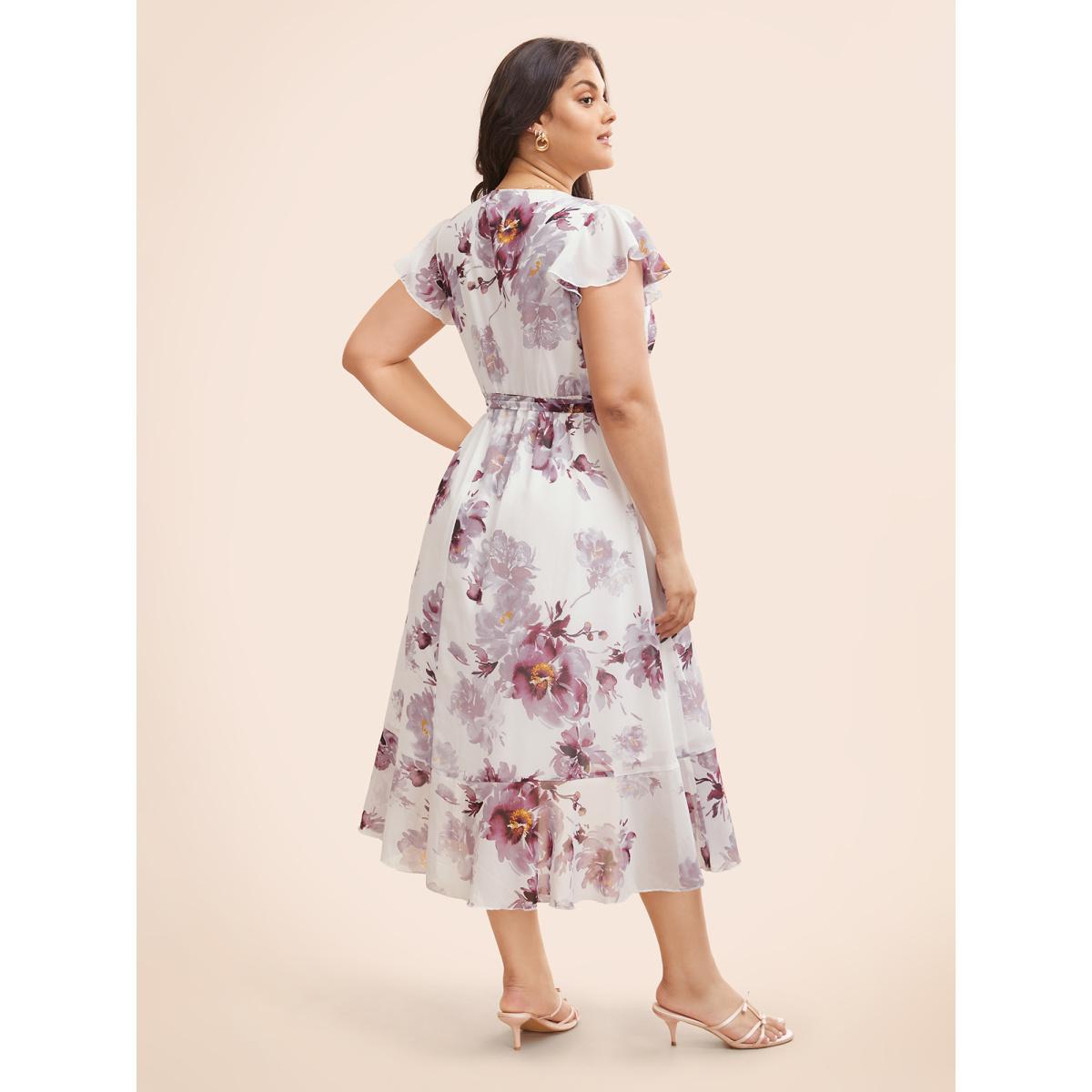 Plus Size Floral Overlap Collar Ruffle Cap Sleeve Dress Mauve Women Elegant Belted Overlap Collar Cap Sleeve Curvy BloomChic 22-24/3X Product Image