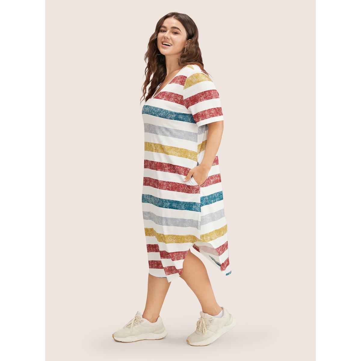 Plus Size Striped Contrast Arc Hem V Neck Pocket Dress Multicolor Women Casual Non V-neck Short sleeve Curvy Midi Dress BloomChic 22-24/3X Product Image