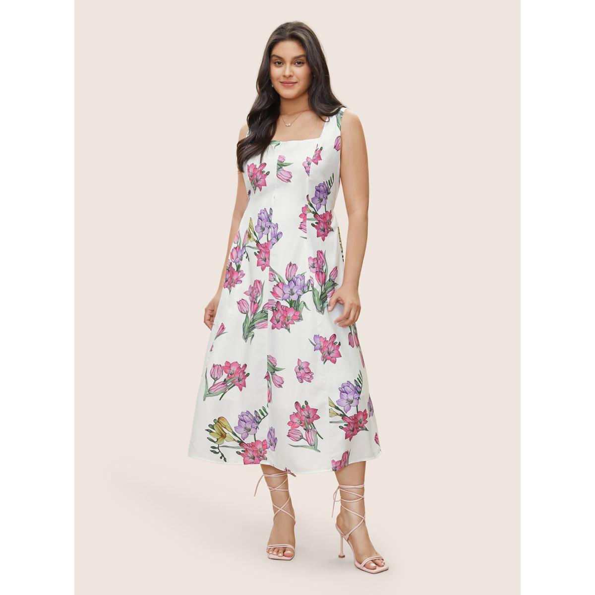 Plus Size Floral Print Patchwork Pocket Spaghetti Strap Dress White Women Elegant Printed Spaghetti Strap Sleeveless Curvy Midi Dress BloomChic 28/5X Product Image