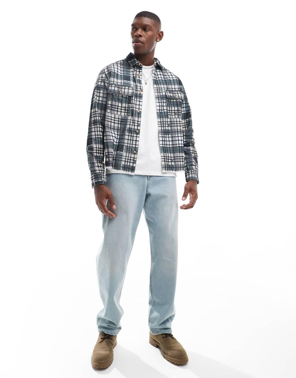 ASOS DESIGN boxy cord overshirt in green plaid with raw hem Product Image