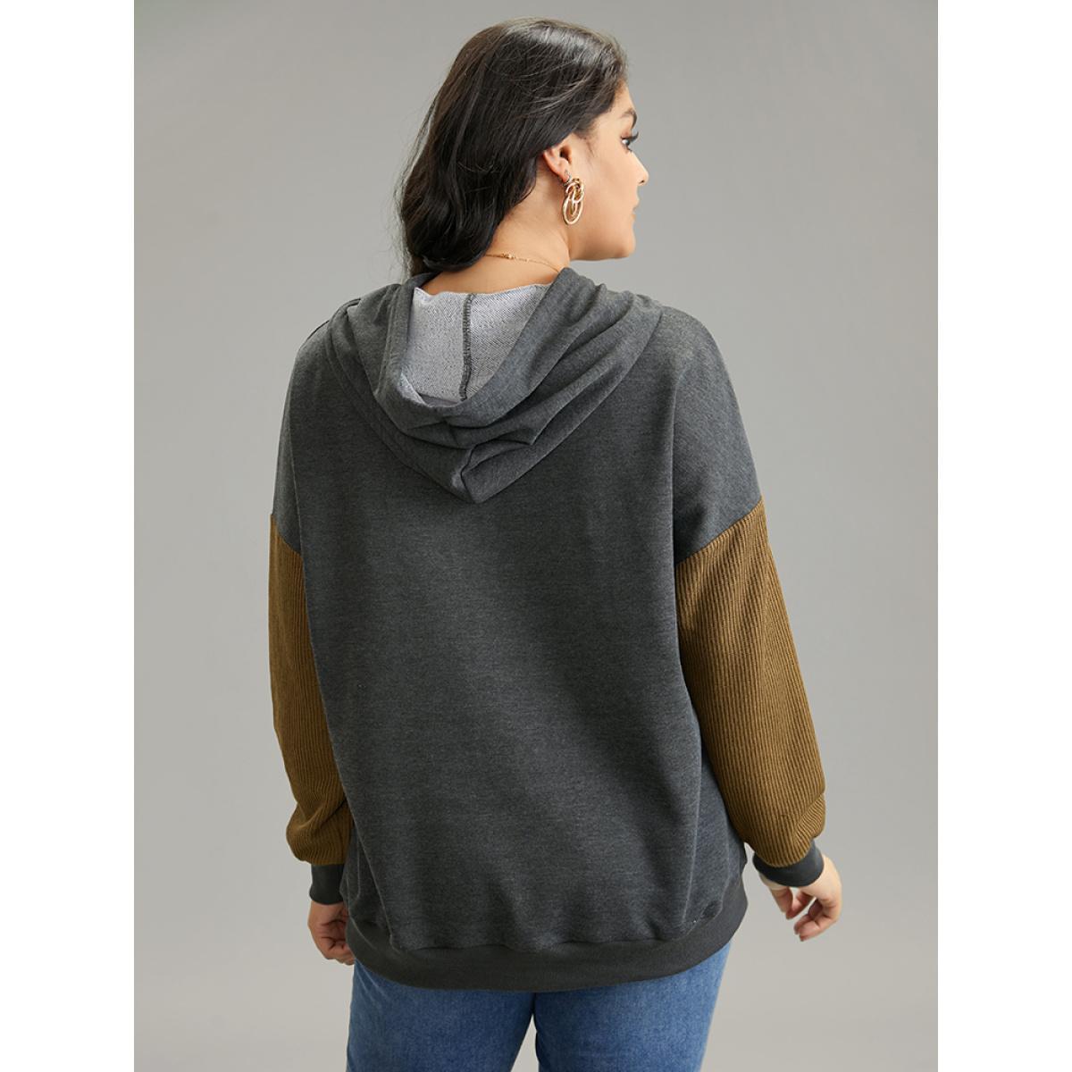 Plus Size Rib Knit Patchwork Ditsy Floral Ties Sweatshirt Women Gray Elegant Rib Knit Hooded Dailywear Sweatshirts BloomChic 14-16/1X Product Image