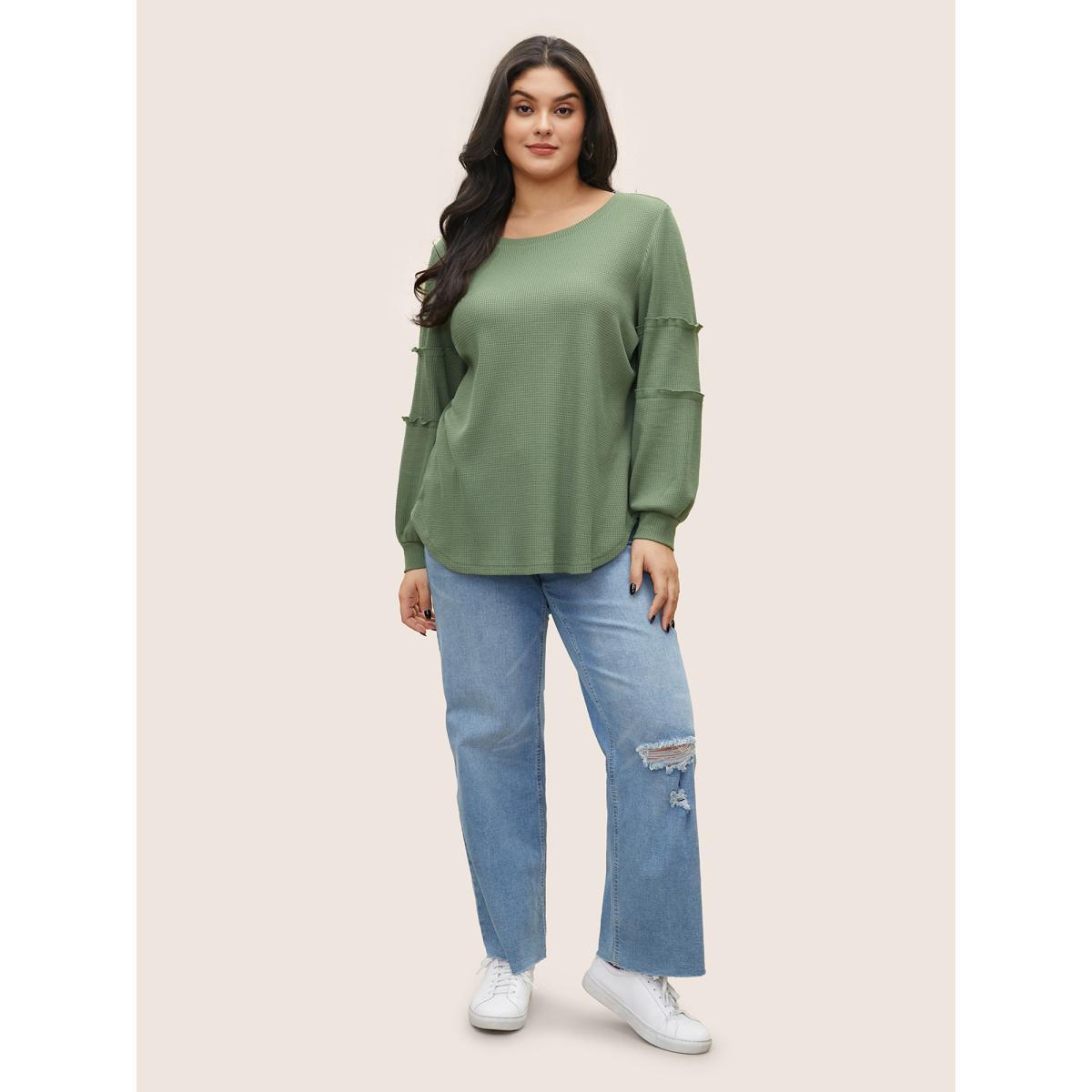 Plus Size Plain Texture Waffle Knit Arc Hem T-shirt Mint Women Casual Texture Plain Round Neck Everyday T-shirts BloomChic 30/6X Product Image