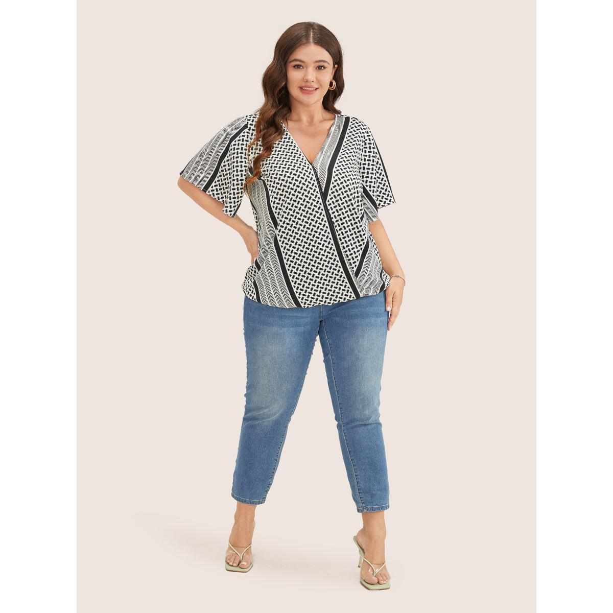 Plus Size Black Geometric Contrast Ruffle Sleeve Wrap Blouse Women Resort Short sleeve Overlap Collar Vacation Blouses BloomChic 12/L Product Image
