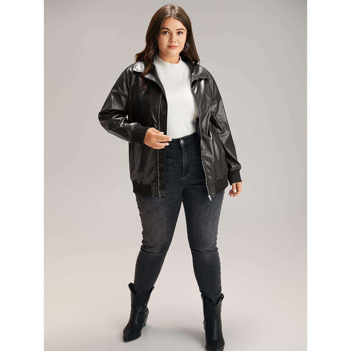 Plus Size Plain Zipper Fly Rib Knit Patchwork Jacket Women Black Elastic cuffs Pocket Dailywear Jackets BloomChic 28/5X Product Image