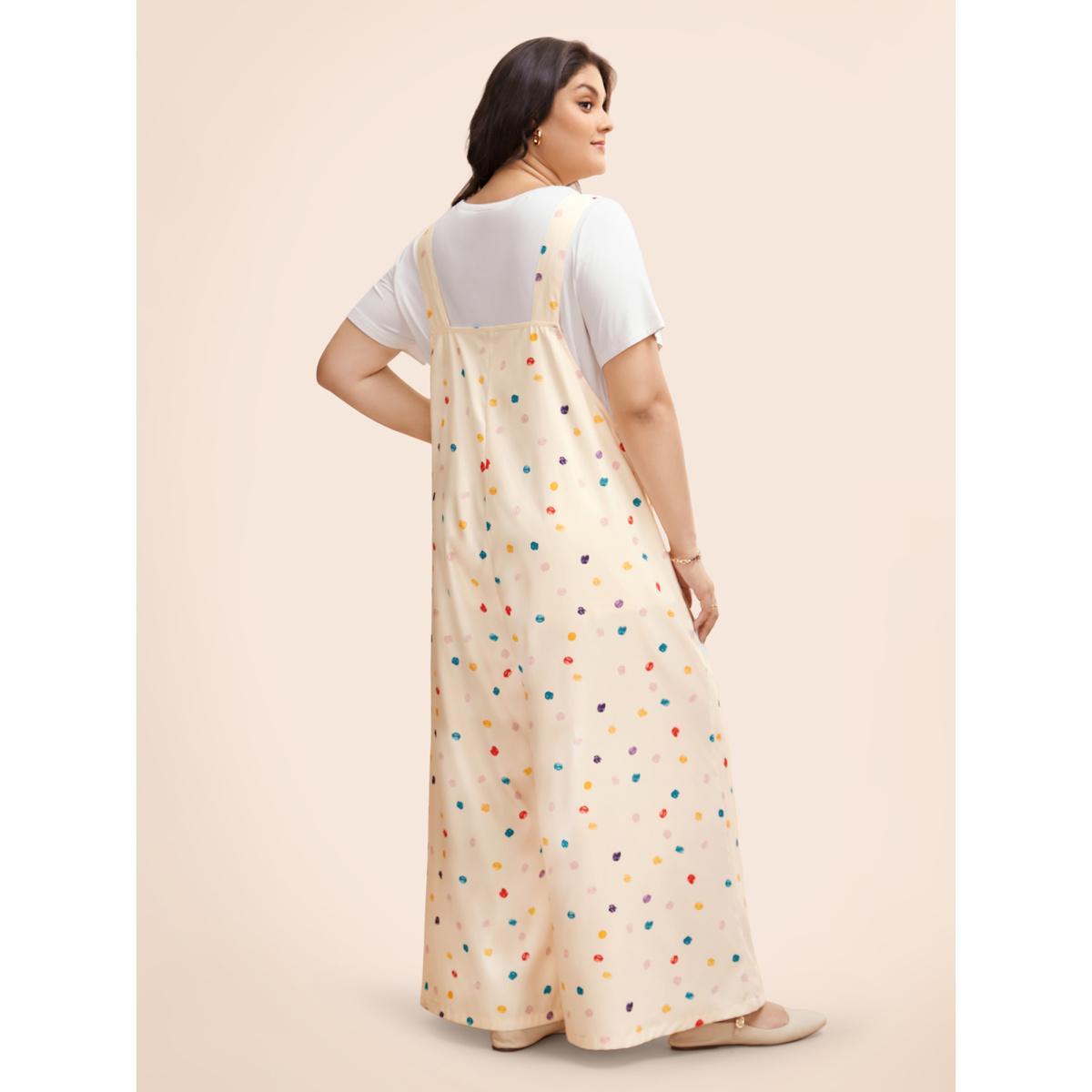 Plus Size Apricot Painted Polka Dot Adjustable Straps Jumpsuit Women Casual Sleeveless Non Everyday Loose Jumpsuits BloomChic 26/4X Product Image