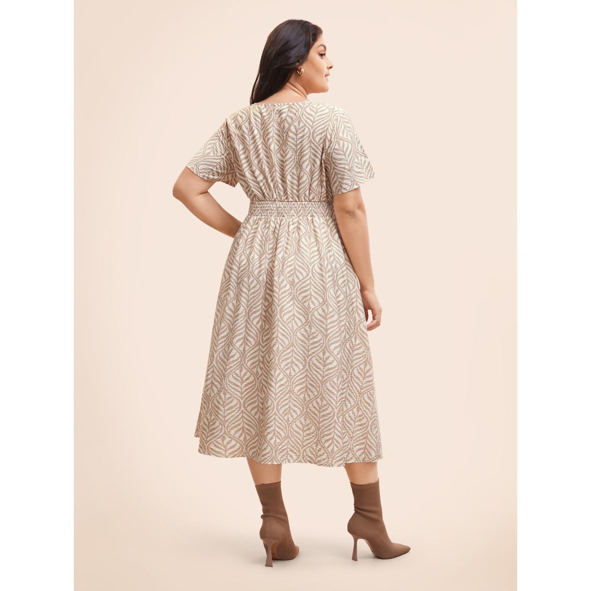 Plus Size Boho Print Notched Collar Shirred Dress LightBrown Women At the Office Shirred Notched collar Short sleeve Curvy BloomChic 22-24/3X Product Image