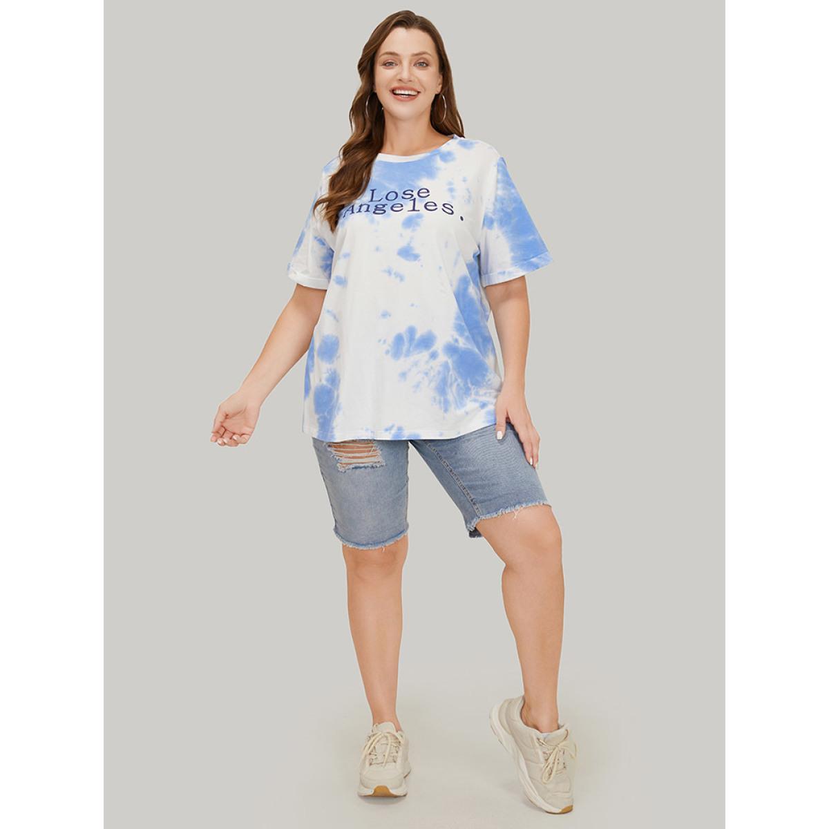 Plus Size Letter Print Short Sleeve Tie Dye T-shirt White Women Casual Art&design Dailywear T-shirts BloomChic 10/M Product Image