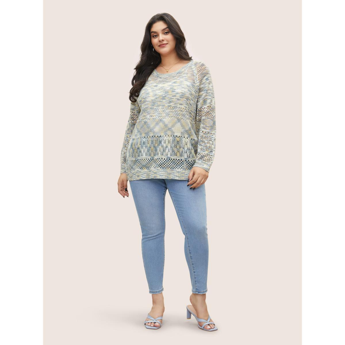 Plus Size Ombre Heather Hollow Out Texture Pullover Stone Women Casual Long Sleeve Round Neck Everyday Pullovers BloomChic 12/L Product Image