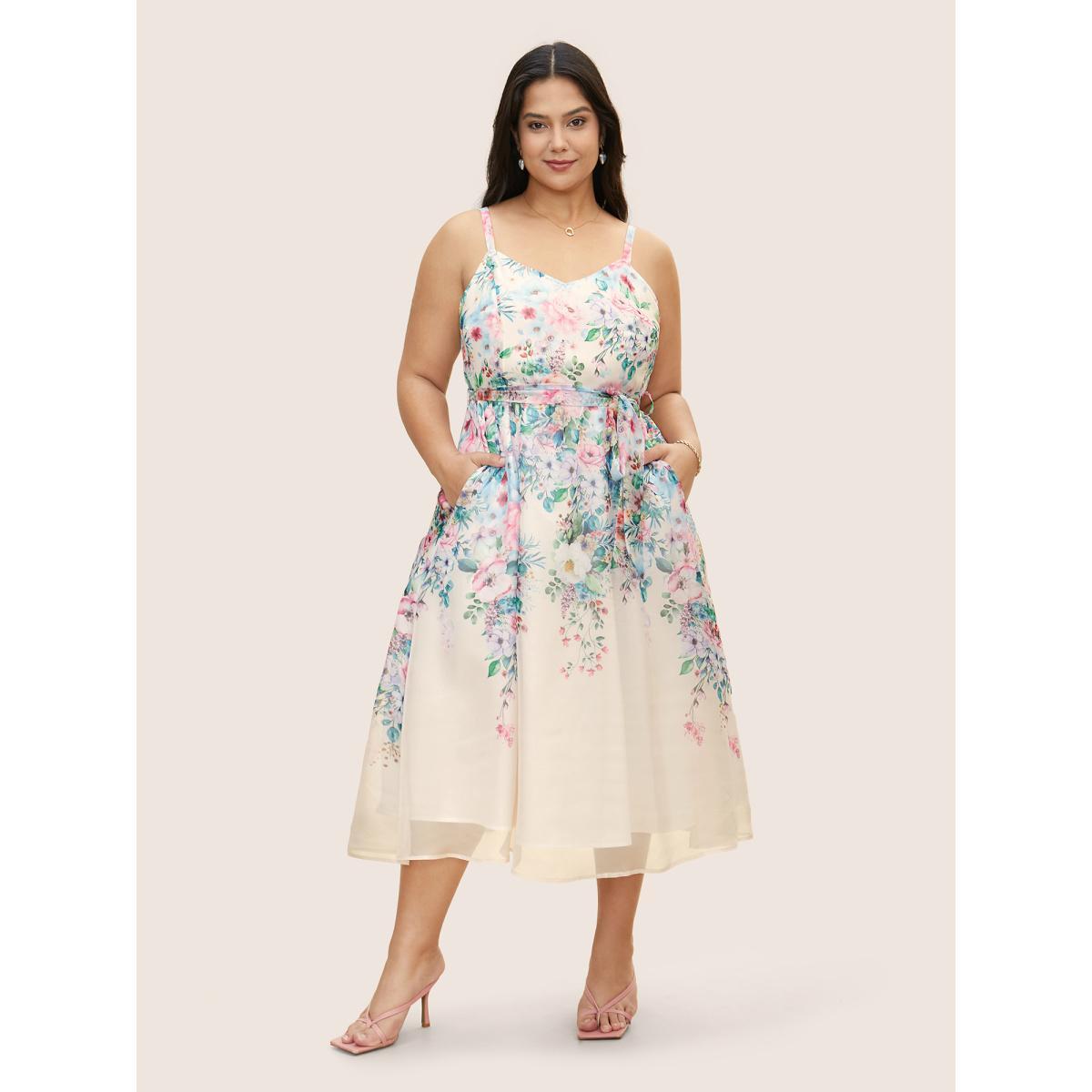 Plus Size Floral Mesh Elastic Waist Belted Cami Dress Champagne Women Elegant Belted U-neck Sleeveless Curvy BloomChic 22-24/3X Product Image