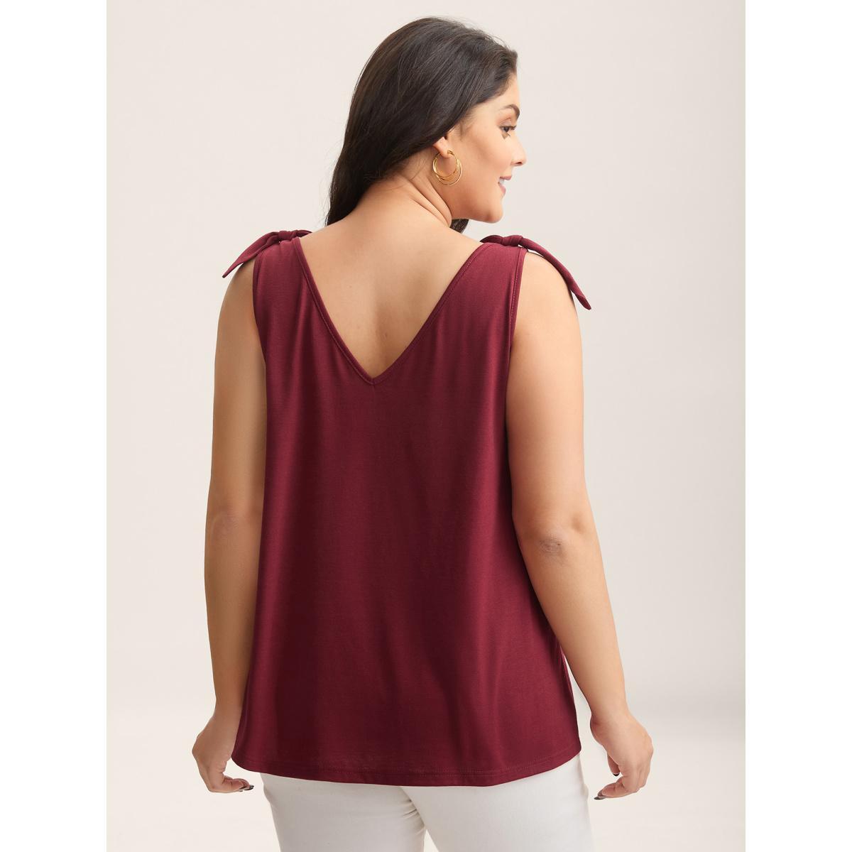 Plus Size Supersoft Stretchy Scalloped Neck Tank Top Women Burgundy Tie knot V-neck Everyday-Elegant Tank Tops Camis BloomChic 26/4X Product Image