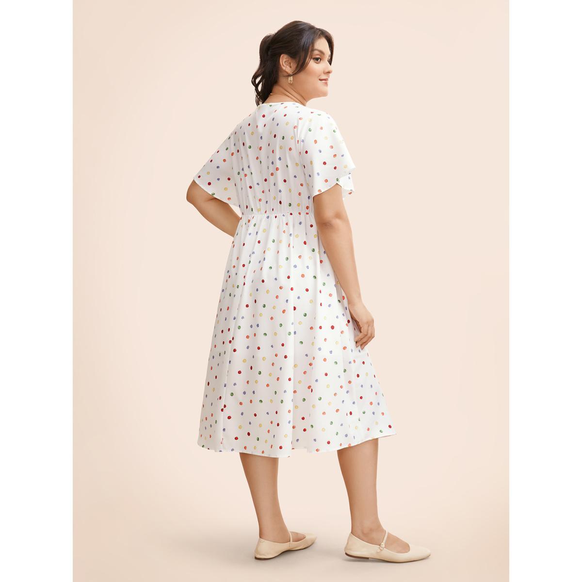 Plus Size Colored Polka Dot Overlap Collar Midi Dress Originalwhite Women Elegant Contrast Overlap Collar Short sleeve Curvy BloomChic 12/L Product Image