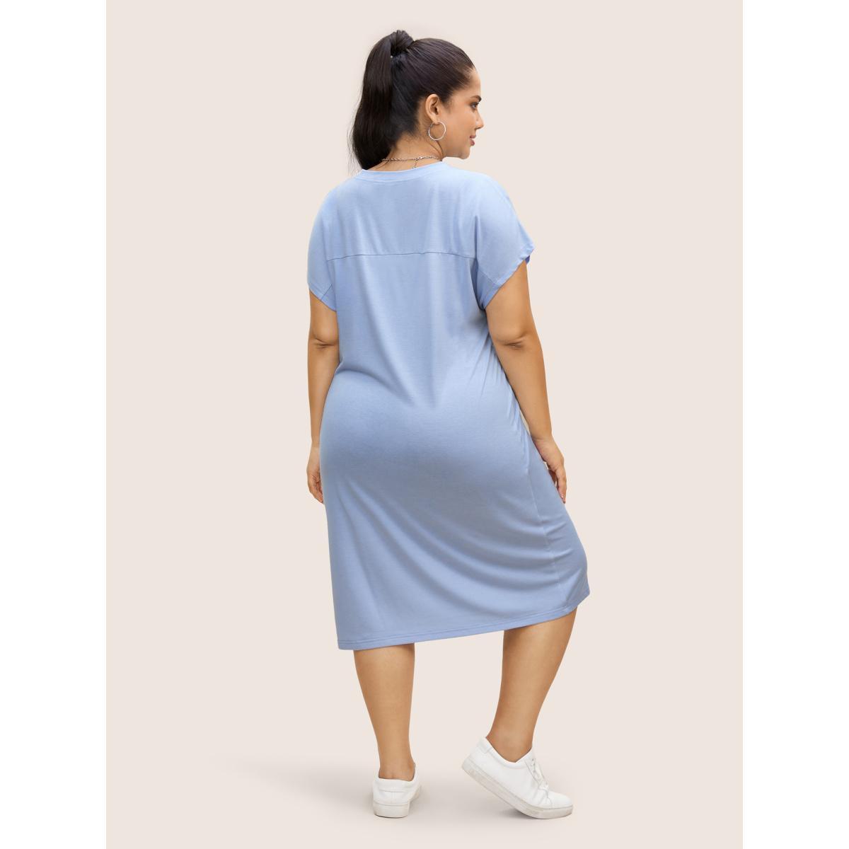 Plus Size Plain Tie Knot Batwing Sleeve Dress LightBlue Women Casual Tie knot Round Neck Cap Sleeve Curvy BloomChic 18-20/2X Product Image
