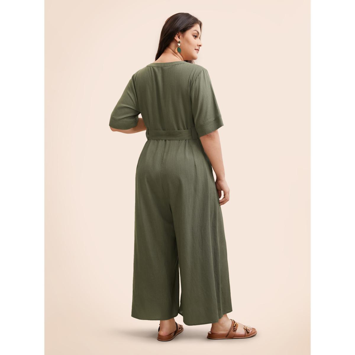 Plus Size Olive Cotton Linen Button Up Belted Jumpsuit Women Elegant Half Sleeve Flat collar with V-notch Everyday Loose Jumpsuits BloomChic 28/5X Product Image