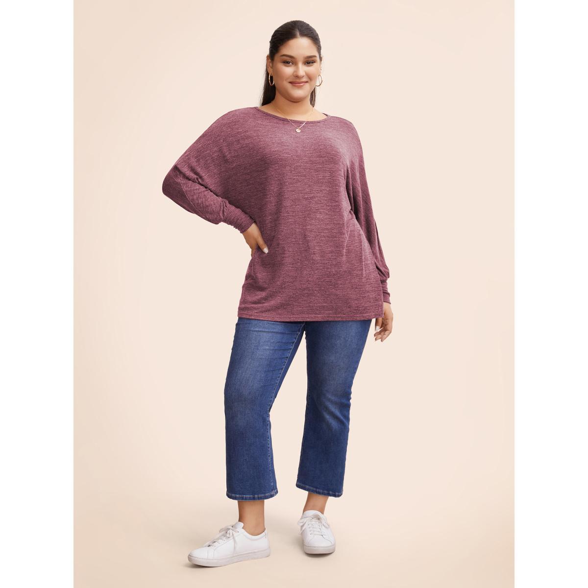 Plus Size Plain Heather Elastic cuffs Dolman Sleeve T-shirt Russet Women Casual Elastic cuffs Plain Round Neck Everyday T-shirts BloomChic 22-24/3X Product Image