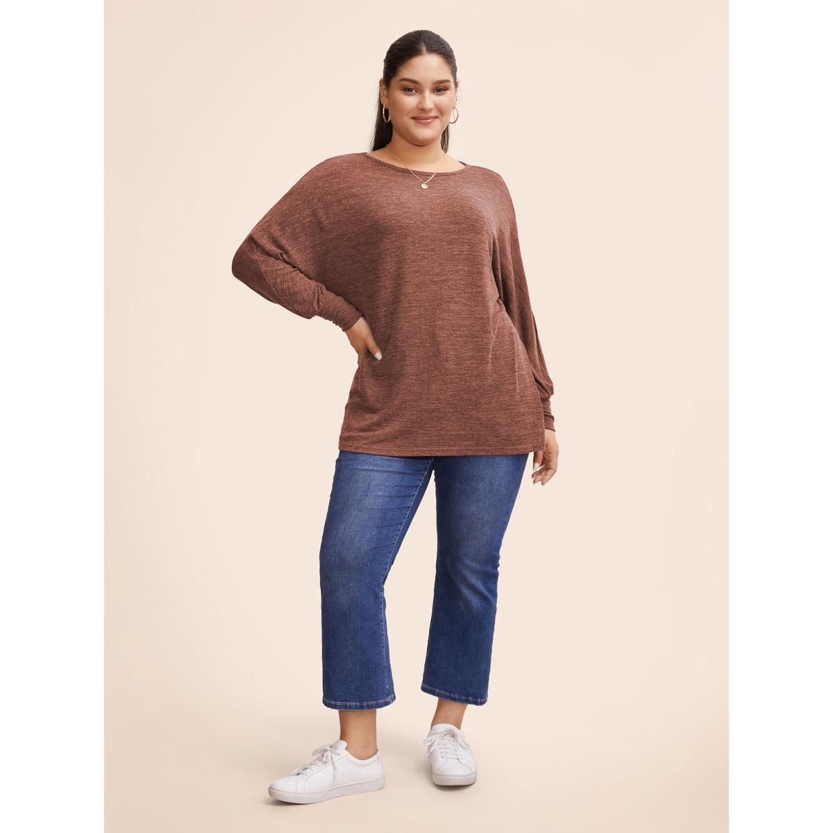 Plus Size Plain Heather Elastic cuffs Dolman Sleeve T-shirt Rust Women Casual Elastic cuffs Plain Round Neck Everyday T-shirts BloomChic 18-20/2X Product Image
