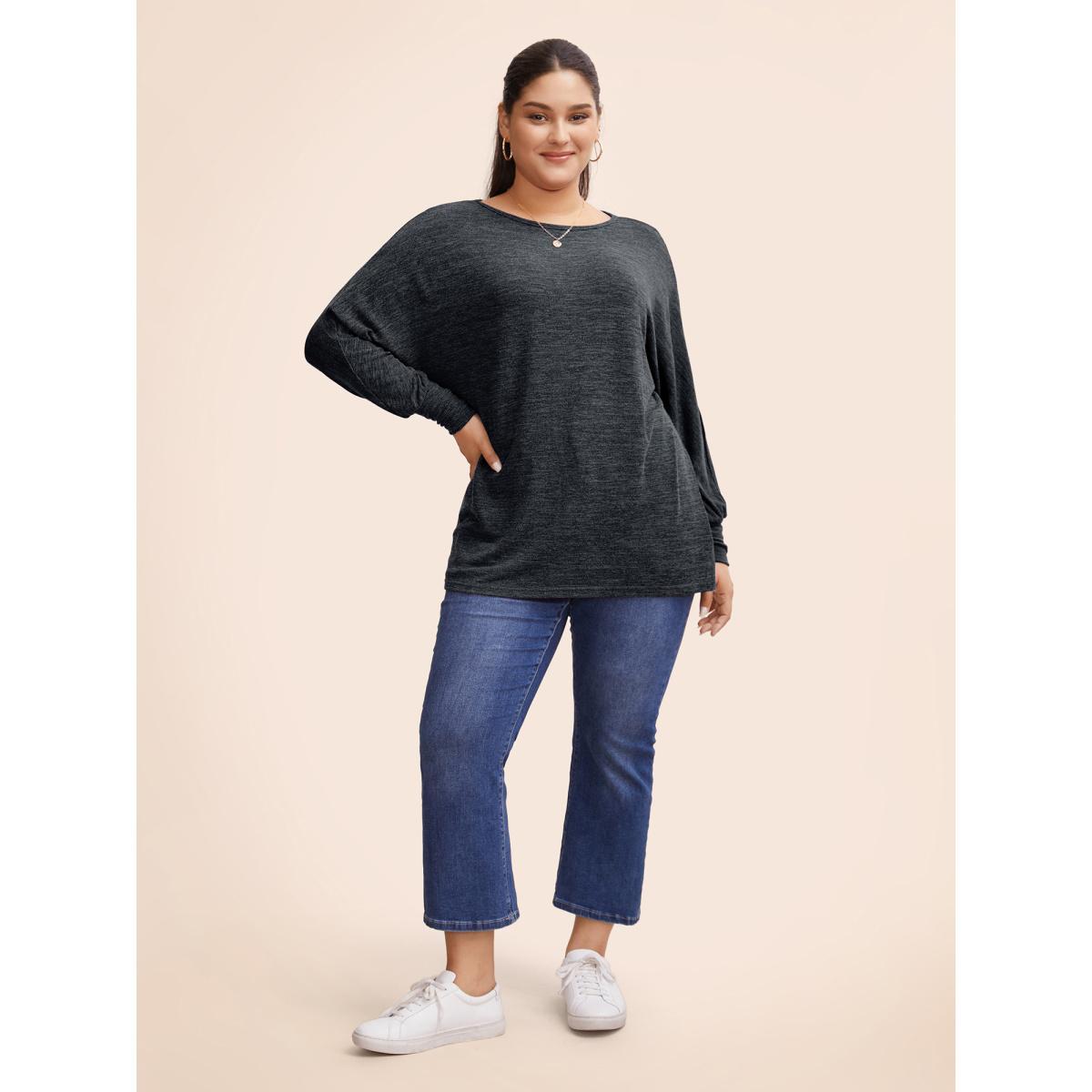 Plus Size Plain Heather Elastic cuffs Dolman Sleeve T-shirt Gray Women Casual Elastic cuffs Plain Round Neck Everyday T-shirts BloomChic 28/5X Product Image