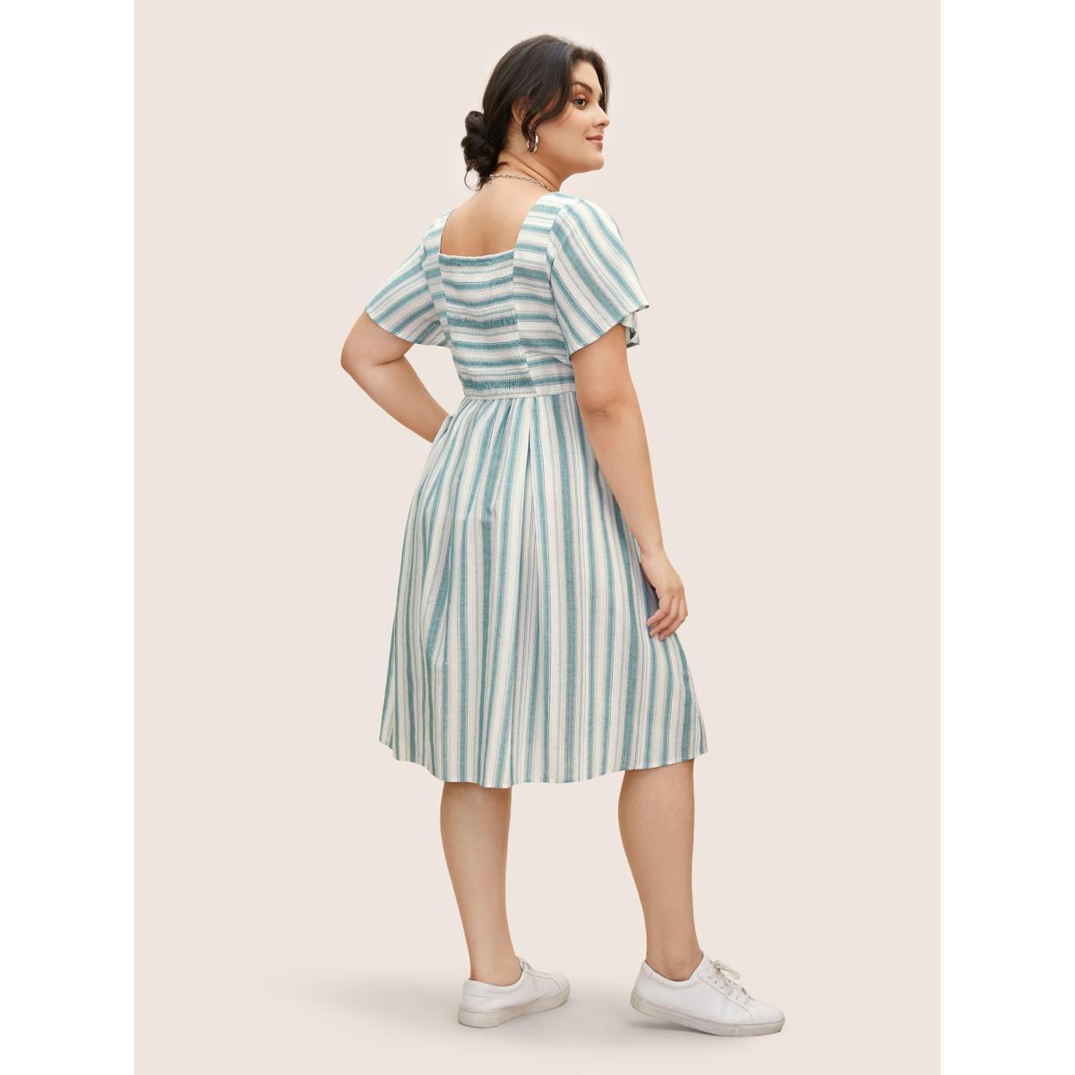 Plus Size Square Neck Striped Ruffle Sleeve Pleated Dress Teal Women Casual Pleated Square Neck Short sleeve Curvy BloomChic 14-16/1X Product Image