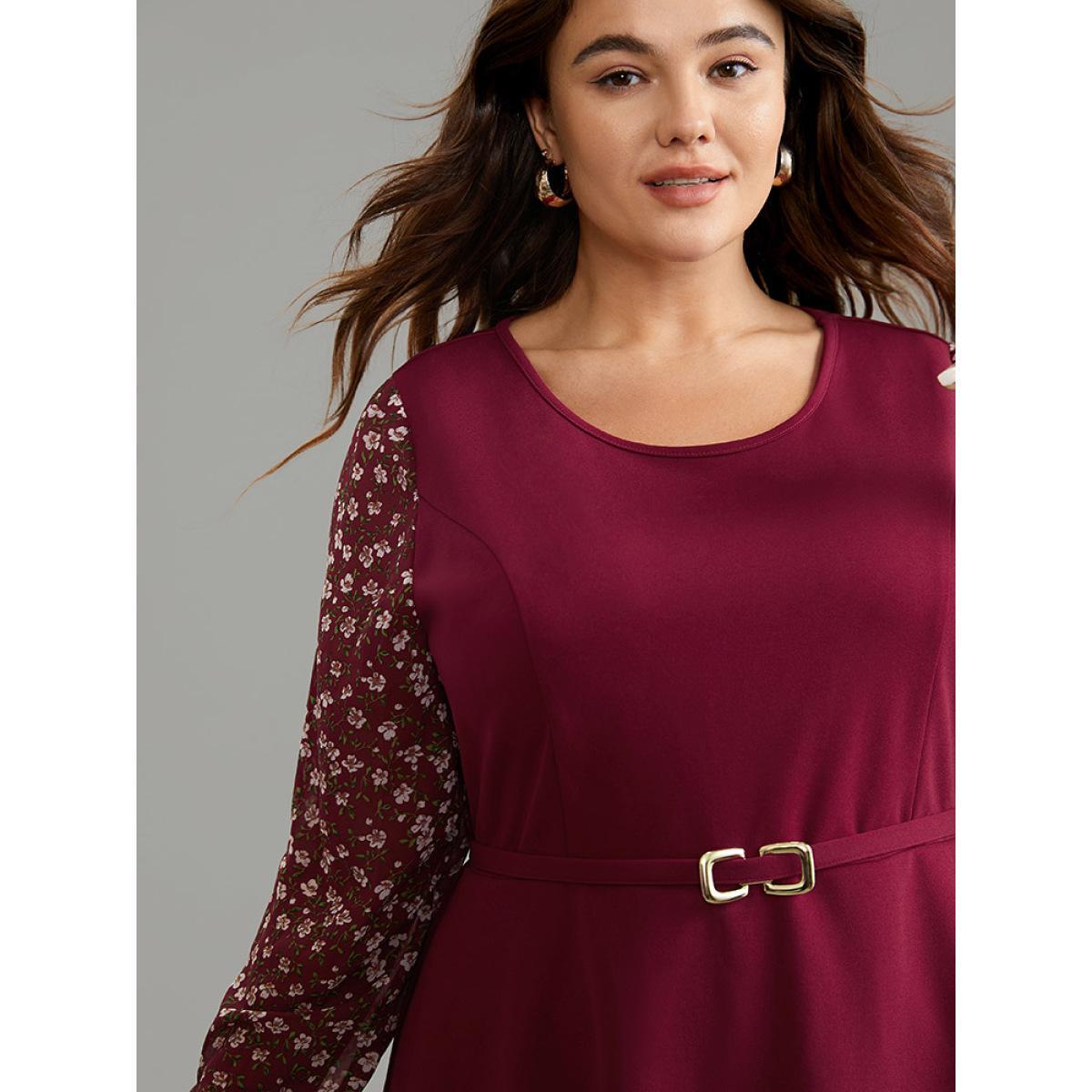 Plus Size Scarlet Ditsy Floral Patchwork Layered Metal Buckle Detail Blouse Women Elegant Long Sleeve Round Neck Work Blouses BloomChic 30/6X Product Image