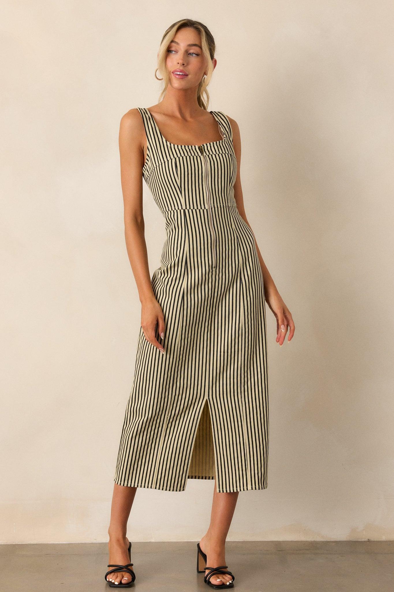 Timeless Beauty Black Stripe Zip Front Denim Maxi Dress Product Image