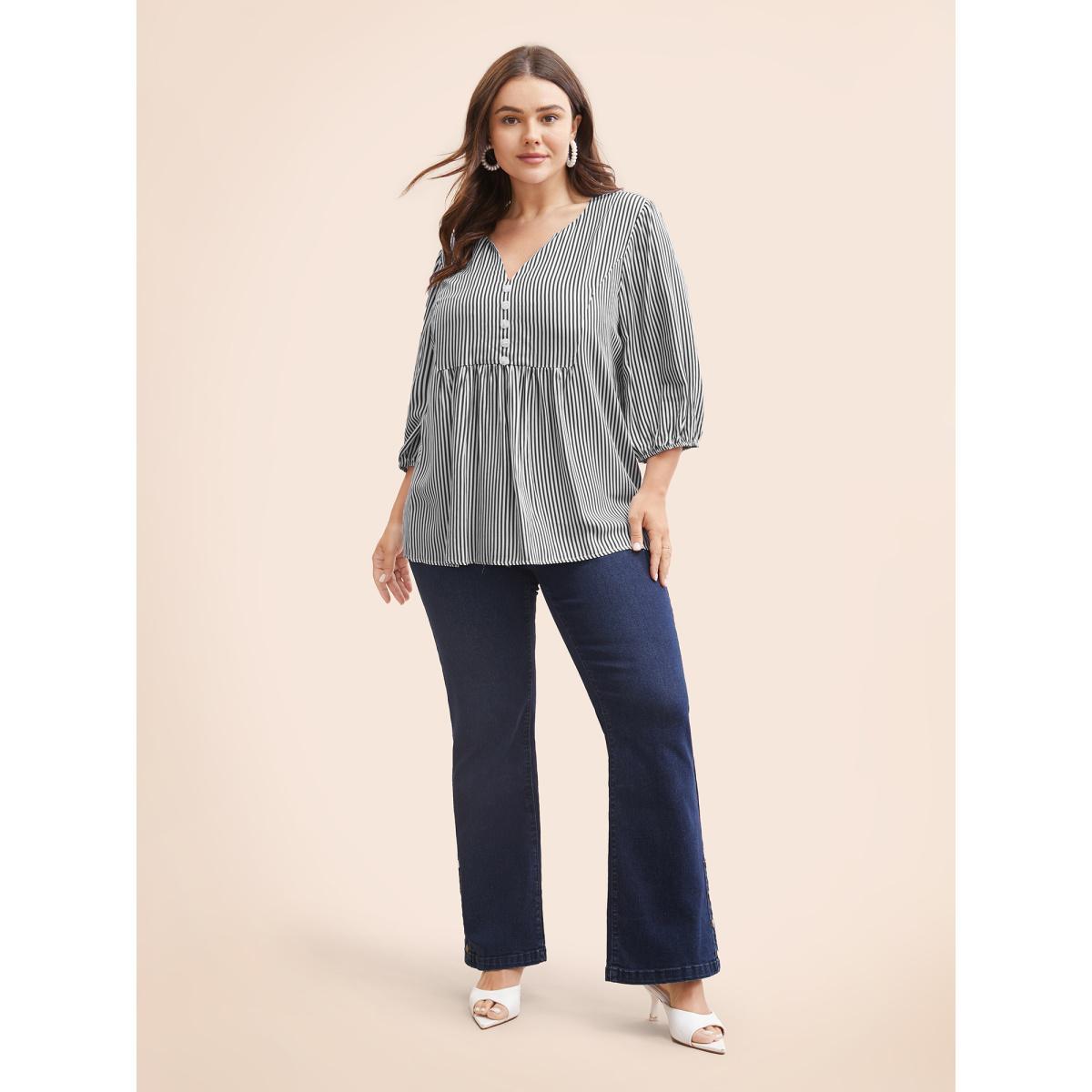 Plus Size Black Striped Gathered Button Detail Lantern Sleeve Blouse Women Elegant Elbow-length sleeve V-neck Everyday Blouses BloomChic 12/L Product Image