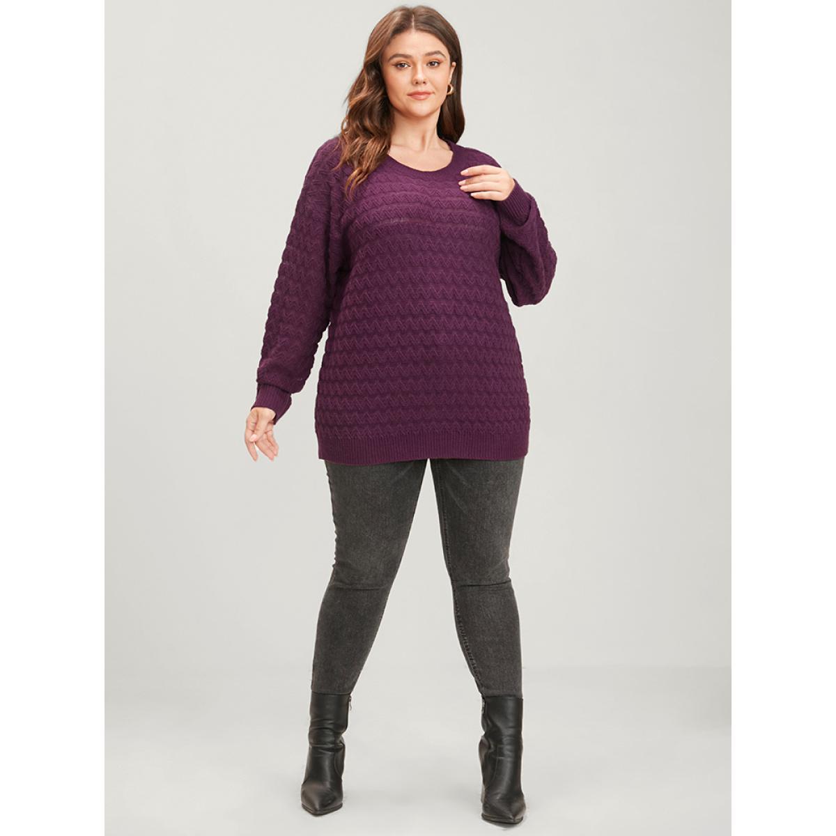Plus Size Solid Geometric Pointelle Knit Round Neck Knit Top Eggplant Women Elegant Loose Long Sleeve Dailywear Pullovers BloomChic 14-16/1X Product Image