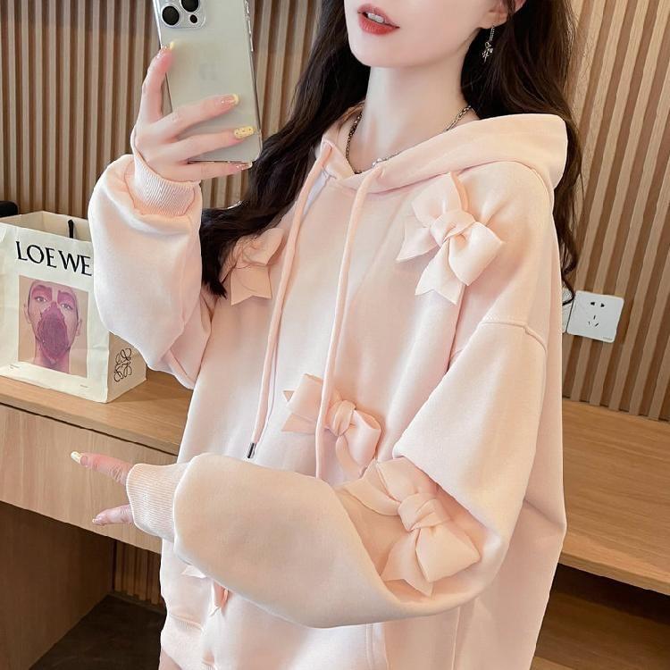Plain Bow Accent Oversized Hoodie Product Image