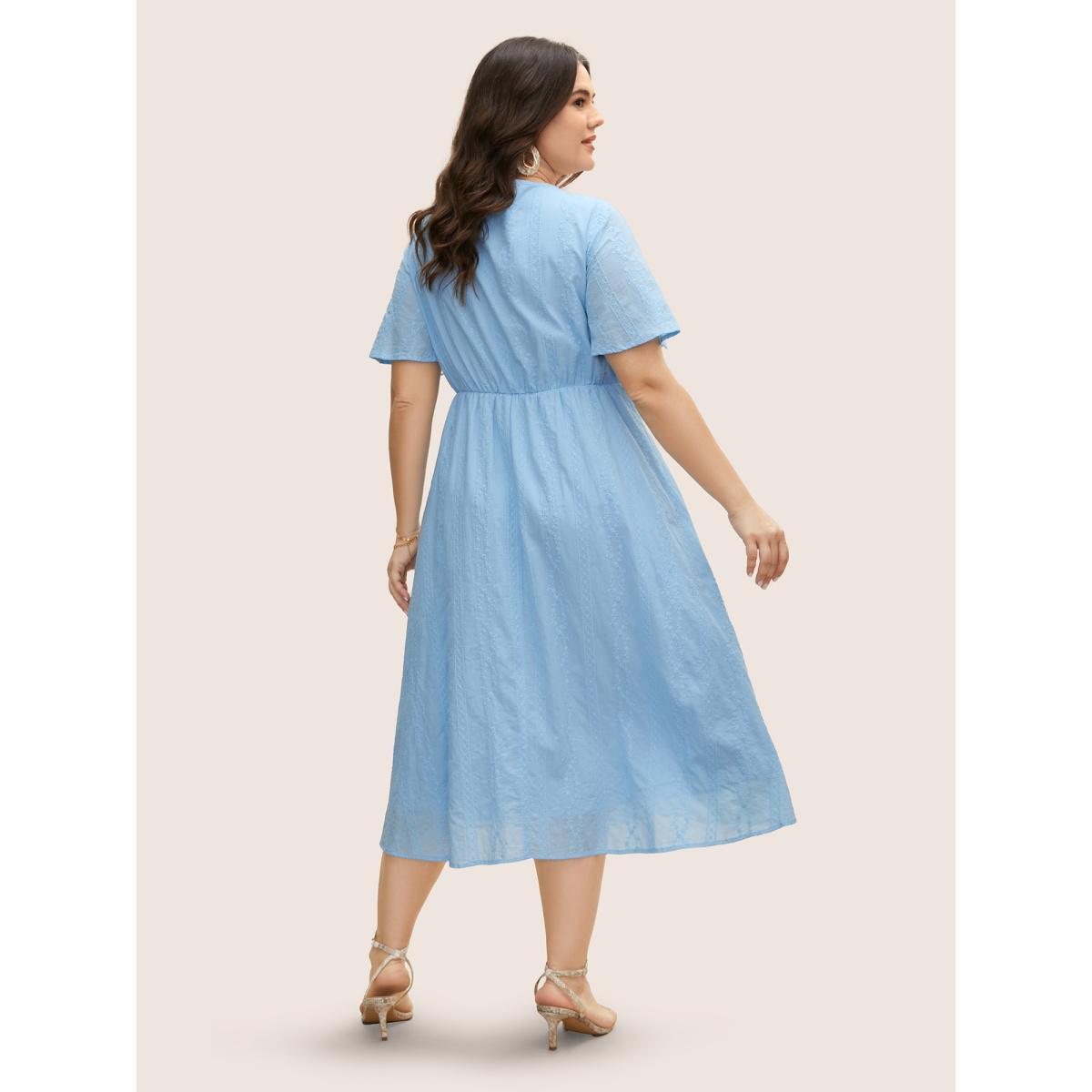 Plus Size Floral Chain Embroidered Ruched Midi Dress LightBlue Women Elegant Heart neckline Short sleeve Curvy BloomChic 30/6X Product Image