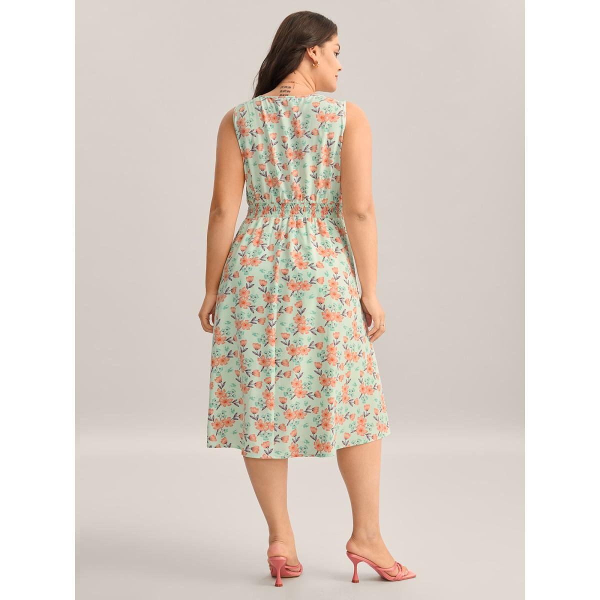Plus Size Breezy Floral Print Lace Trim Midi Dress LightGreen Women V-neck Sleeveless Curvy BloomChic 18-20/2X Product Image