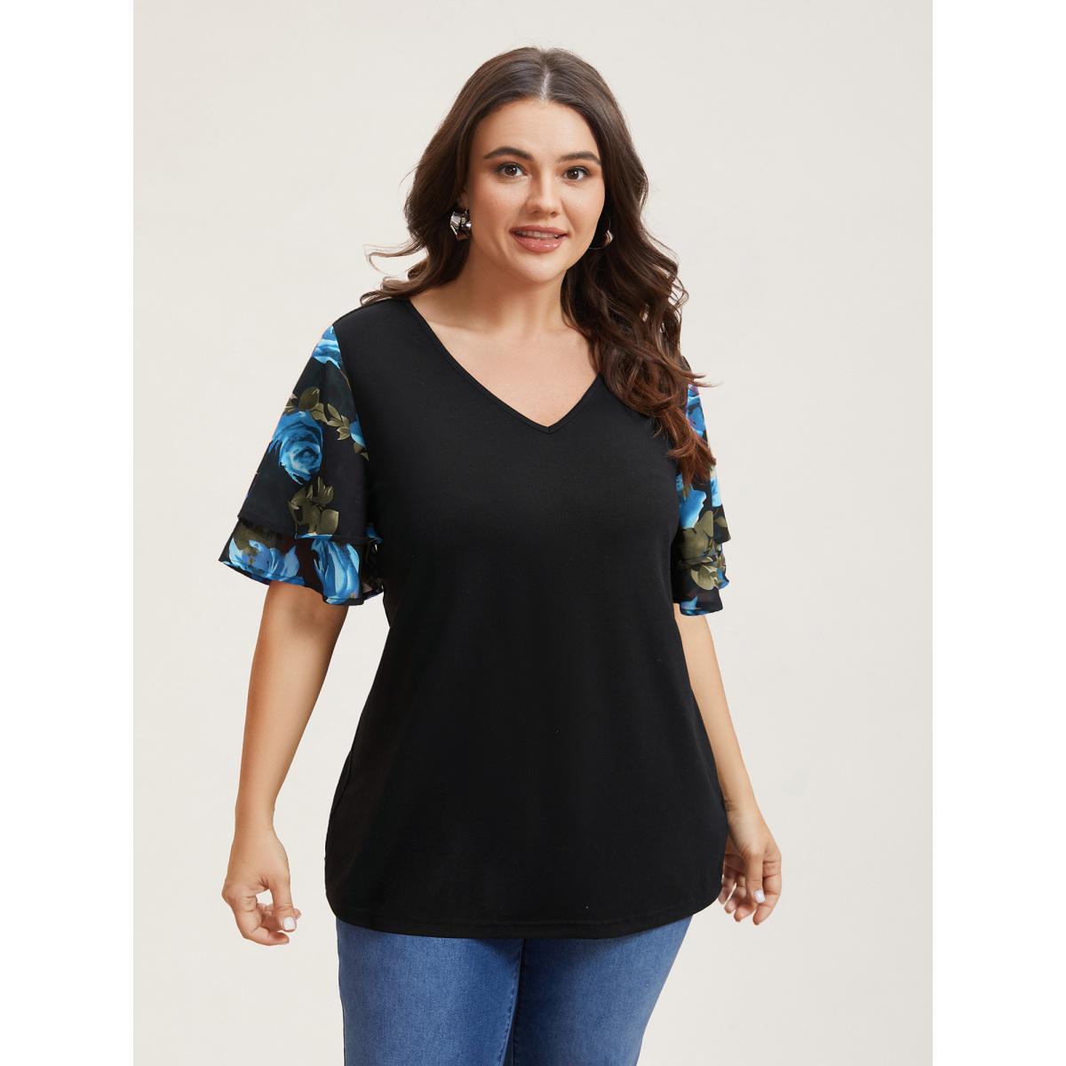 Plus Size Stretchy Floral Lotus Sleeve V-Neck T-Shirt Black Women Casual Contrast Round Neck Everyday T-shirts BloomChic 28/5X Product Image