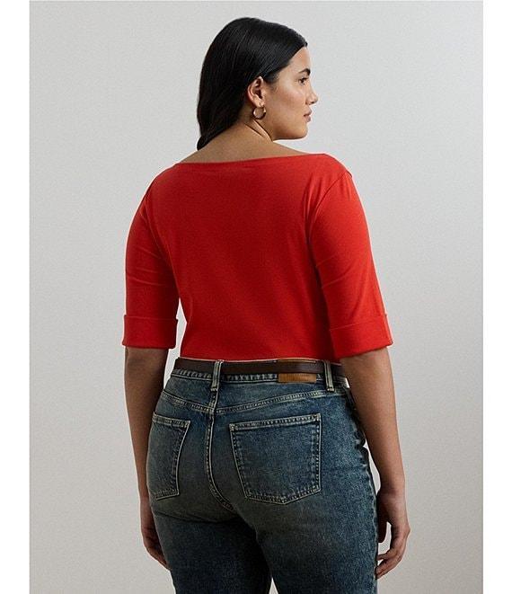 Lauren Ralph Lauren Plus Size Stretch Cotton Boat Neck Short Folded Elbow Sleeve Top Product Image