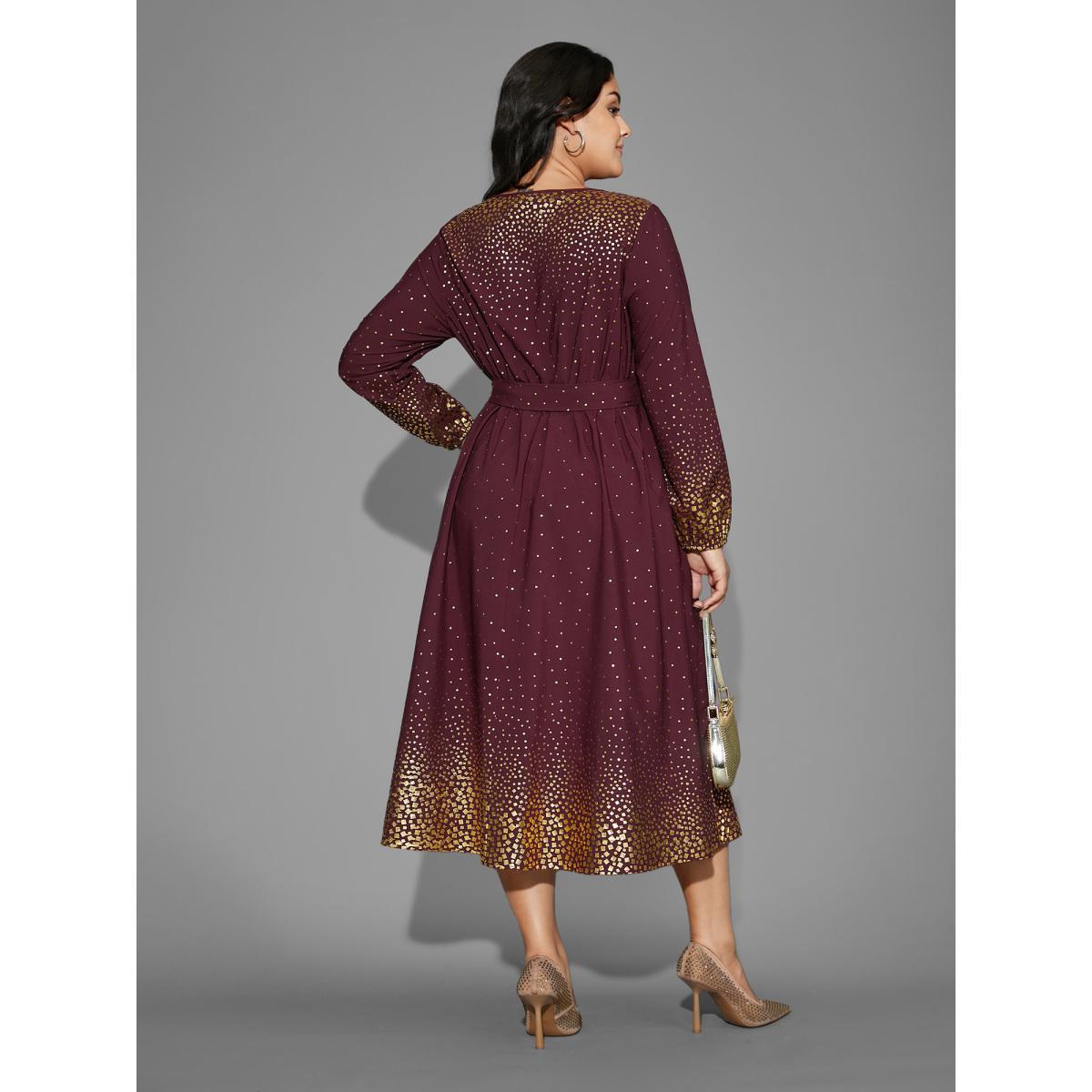 Plus Size Glitter Round Neck Belted Lantern Sleeve Dress Plum Women Cocktail Texture Party Curvy Bloomchic 28/5X Product Image