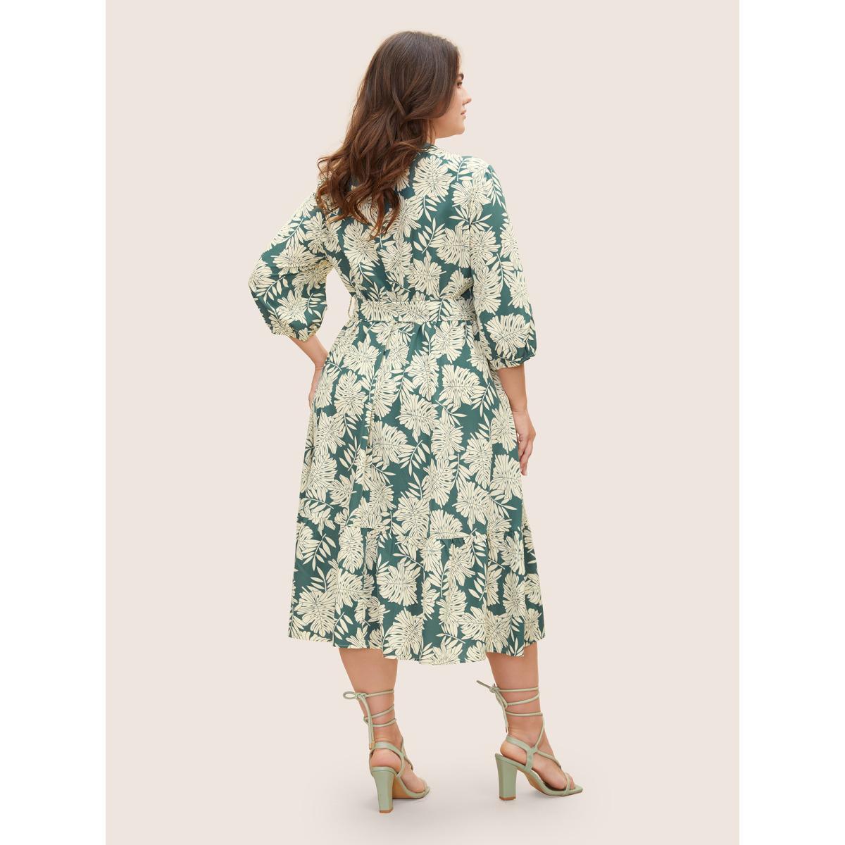 Plus Size Tropical Print Belted Gathered Lantern Sleeve Dress Teal Women Resort Gathered Flat collar with V-notch Elbow-length sleeve Curvy BloomChic 14-16/1X Product Image