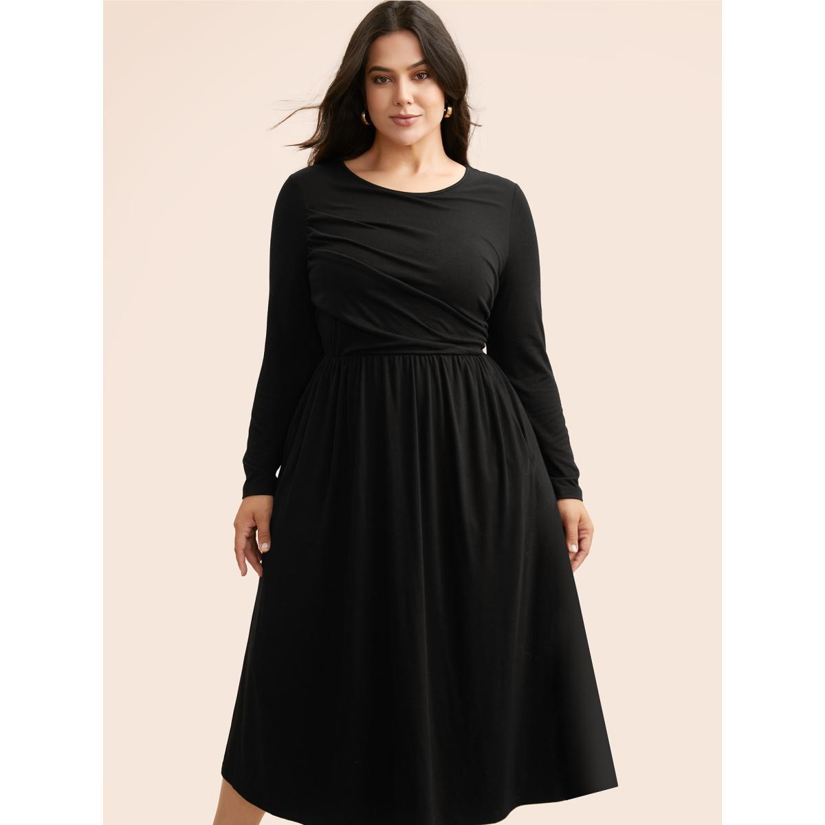 Plus Size Supersoft Essentials Boat Neck Gathered Dress Pureblack Women Casual Gathered Boat Neck Long Sleeve Curvy BloomChic 26/4X Product Image