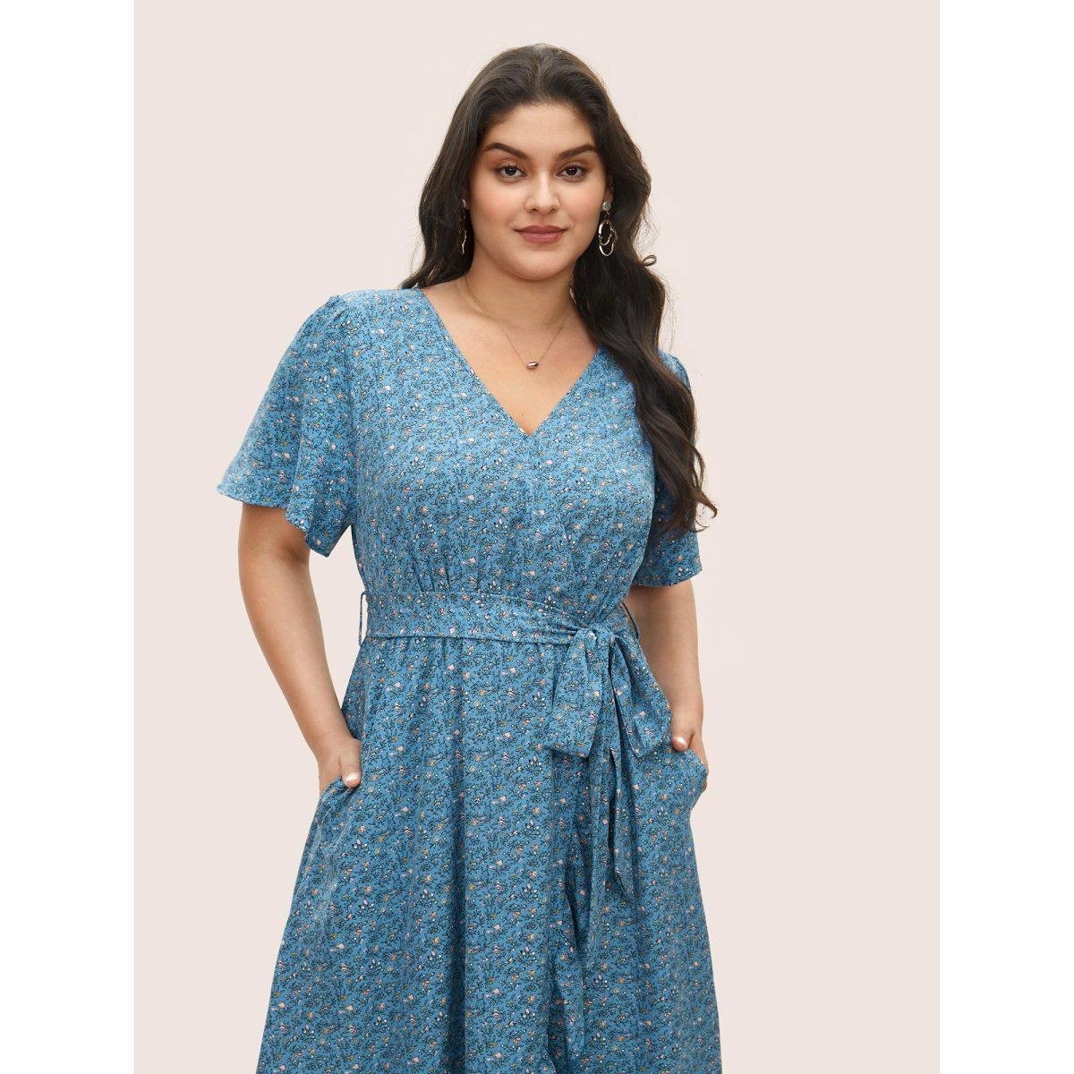 Plus Size Ditsy Floral Overlap Collar Ruffles Belted Dress Blue Women Elegant Overlapping Overlap Collar Short sleeve Curvy Midi Dress BloomChic 28/5X Product Image