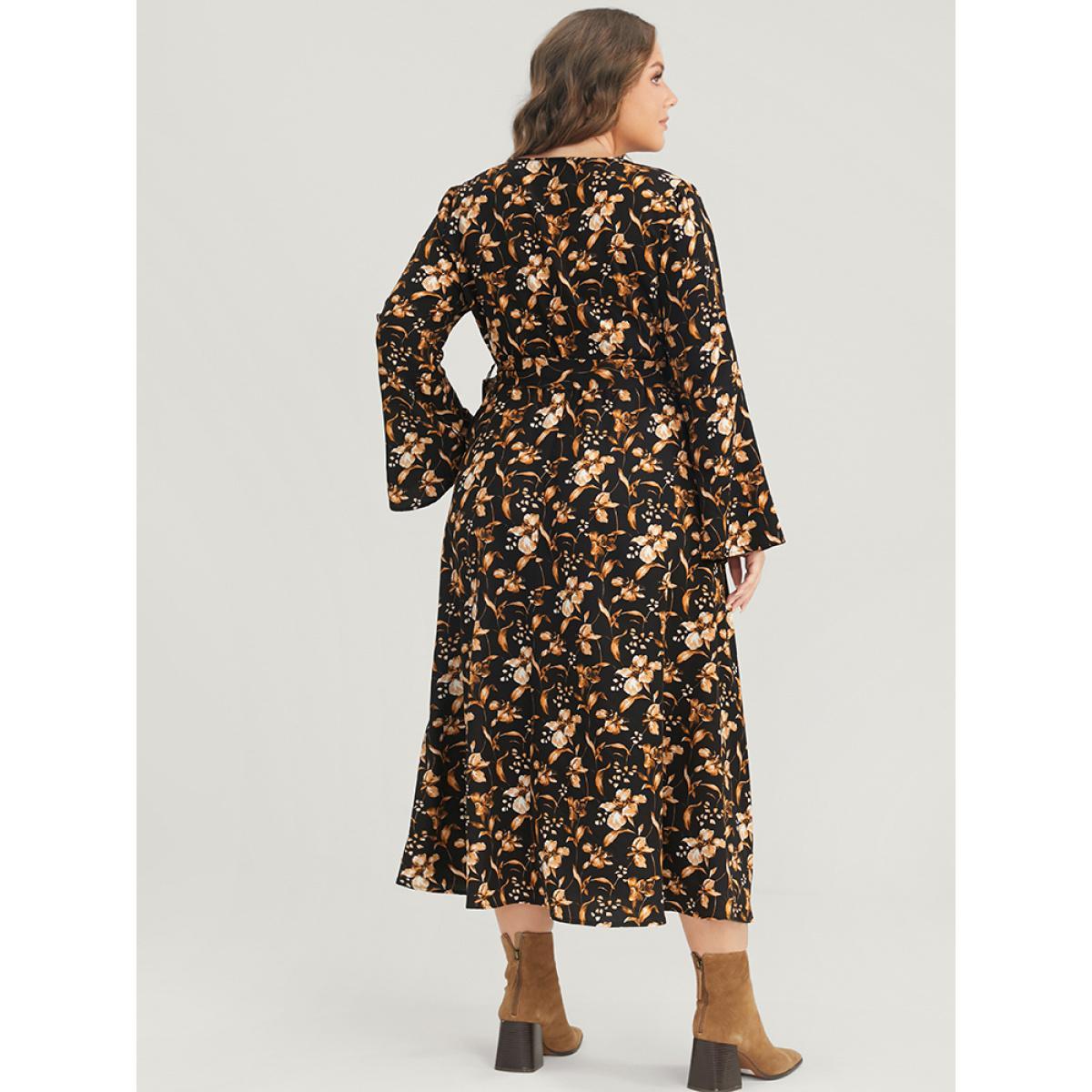 Plus Size Floral Pocket Bell Sleeve Belted Split Flutter Dress Black Women Elegant Pocket V-neck Long Sleeve Curvy Midi Dress BloomChic 22-24/3X Product Image