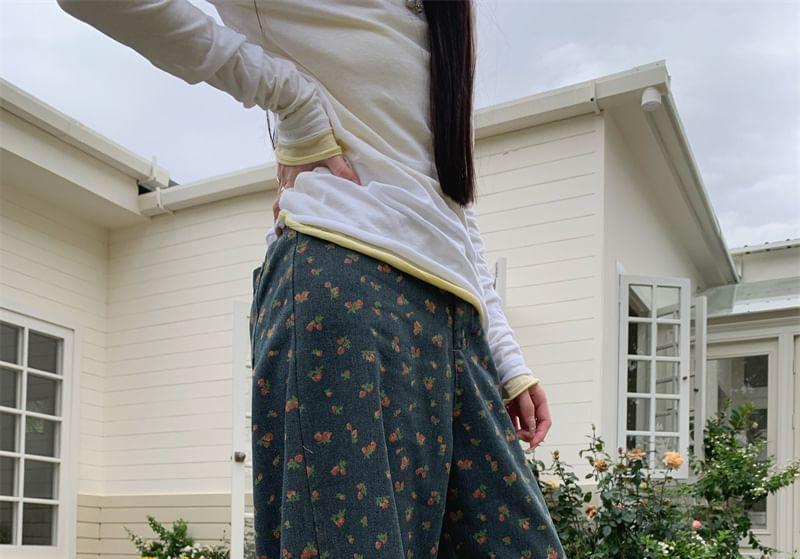 High Waist Floral Print Loose-Fit Wide-Leg Pants Product Image