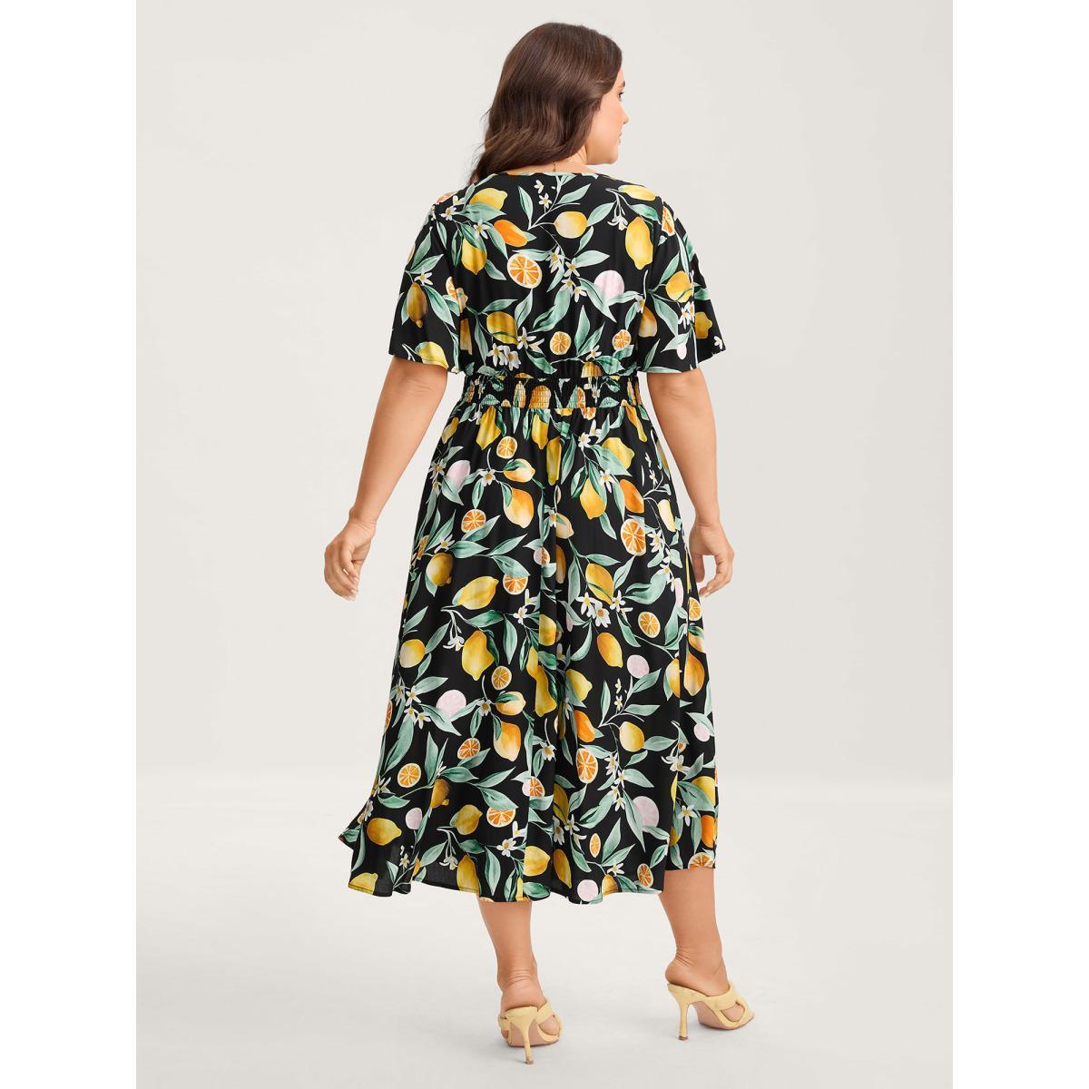 Plus Size Citrus Print Overlap Neck Shirred Midi Dress Black Women Overlap Collar Short sleeve Curvy BloomChic 10/M Product Image