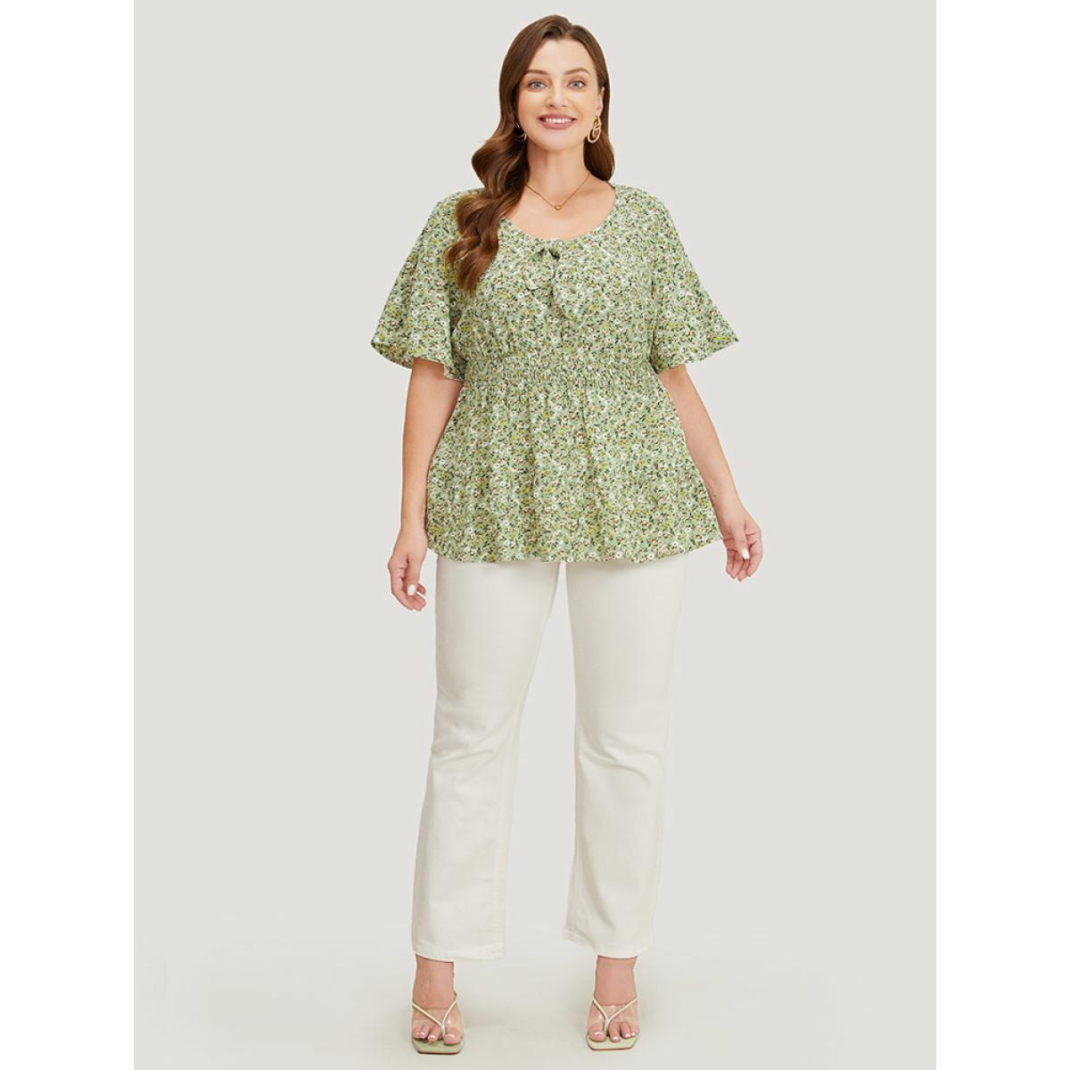 Plus Size Sage Ditsy Floral Knotted Crew Neck Shirred Ruffle Sleeve Blouse Women Elegant Short sleeve Round Neck Dailywear Blouses BloomChic 18-20/2X Product Image