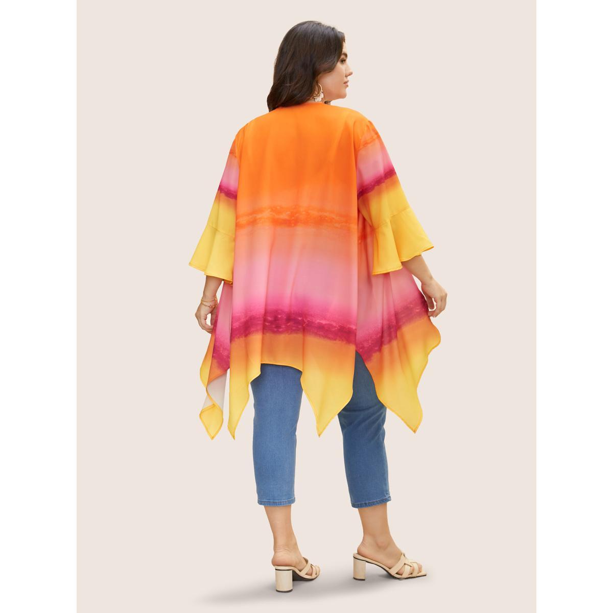 Plus Size Ombre Ruffle Sleeve Asymmetrical Hem Kimono Women Lemonyellow Resort Contrast Vacation Kimonos BloomChic 14-16/1X Product Image